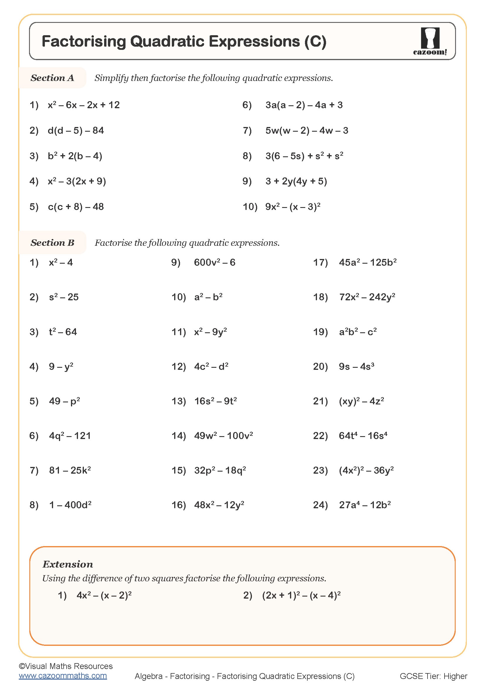 Preview of Factorising Quadratic Expressions (C)