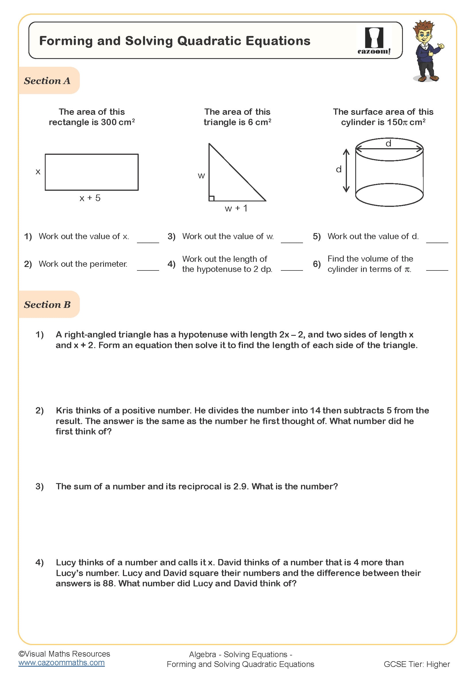 Forming And Solving Quadratic Equations Worksheet