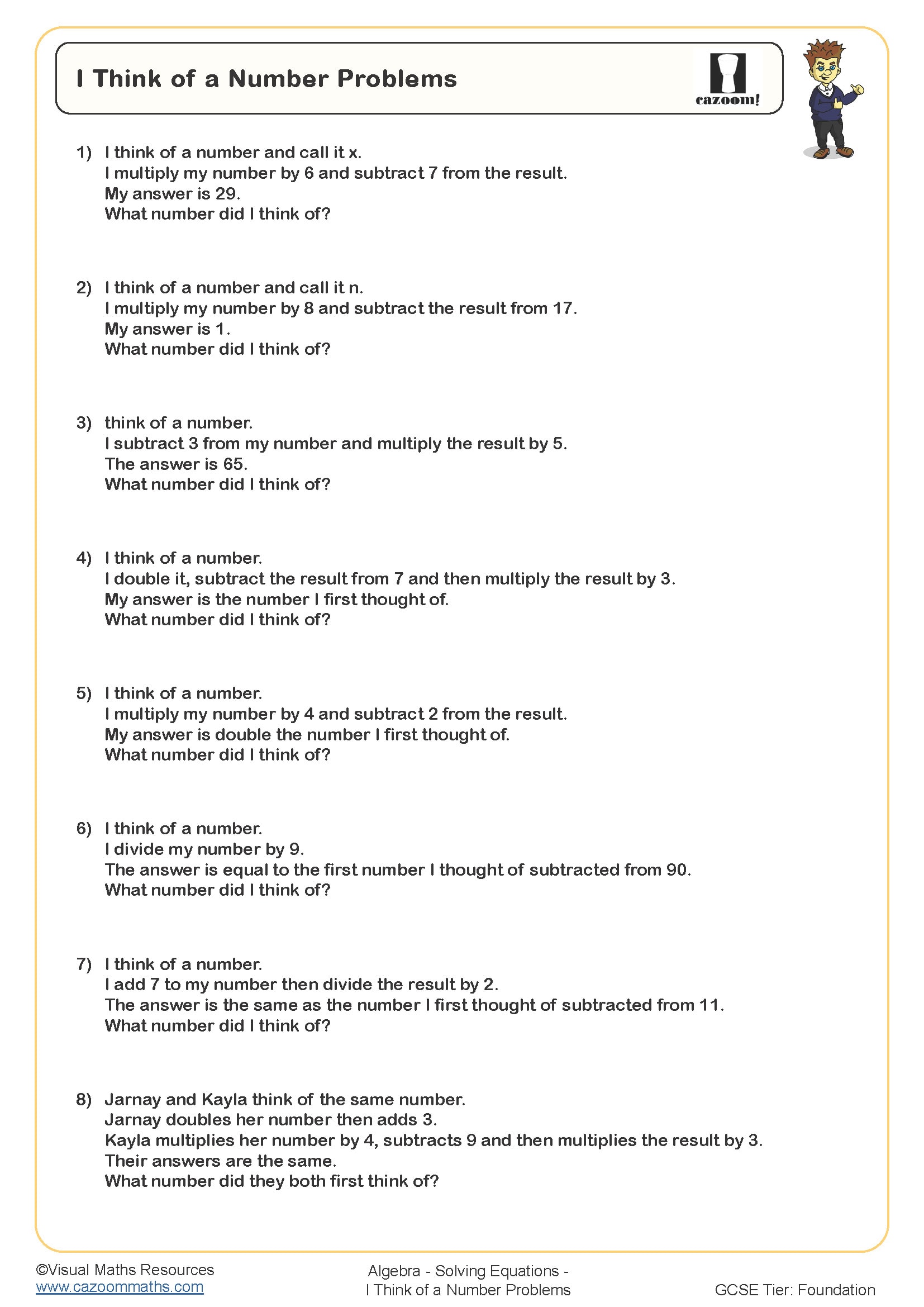 Preview of I Think of A Number Problems