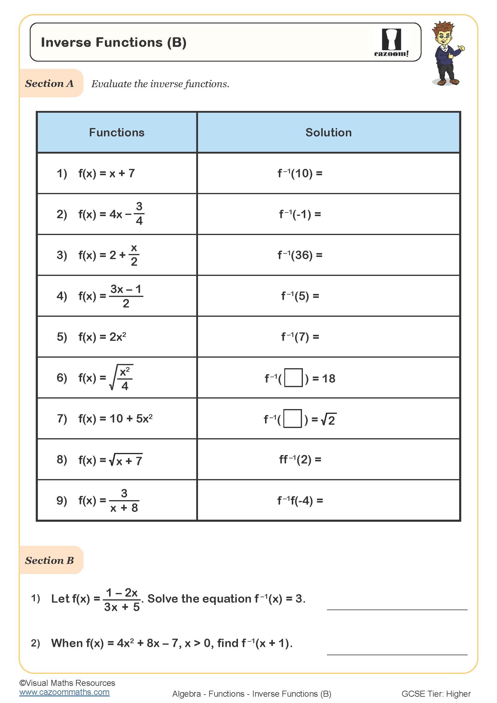 Preview of Inverse Functions (B)