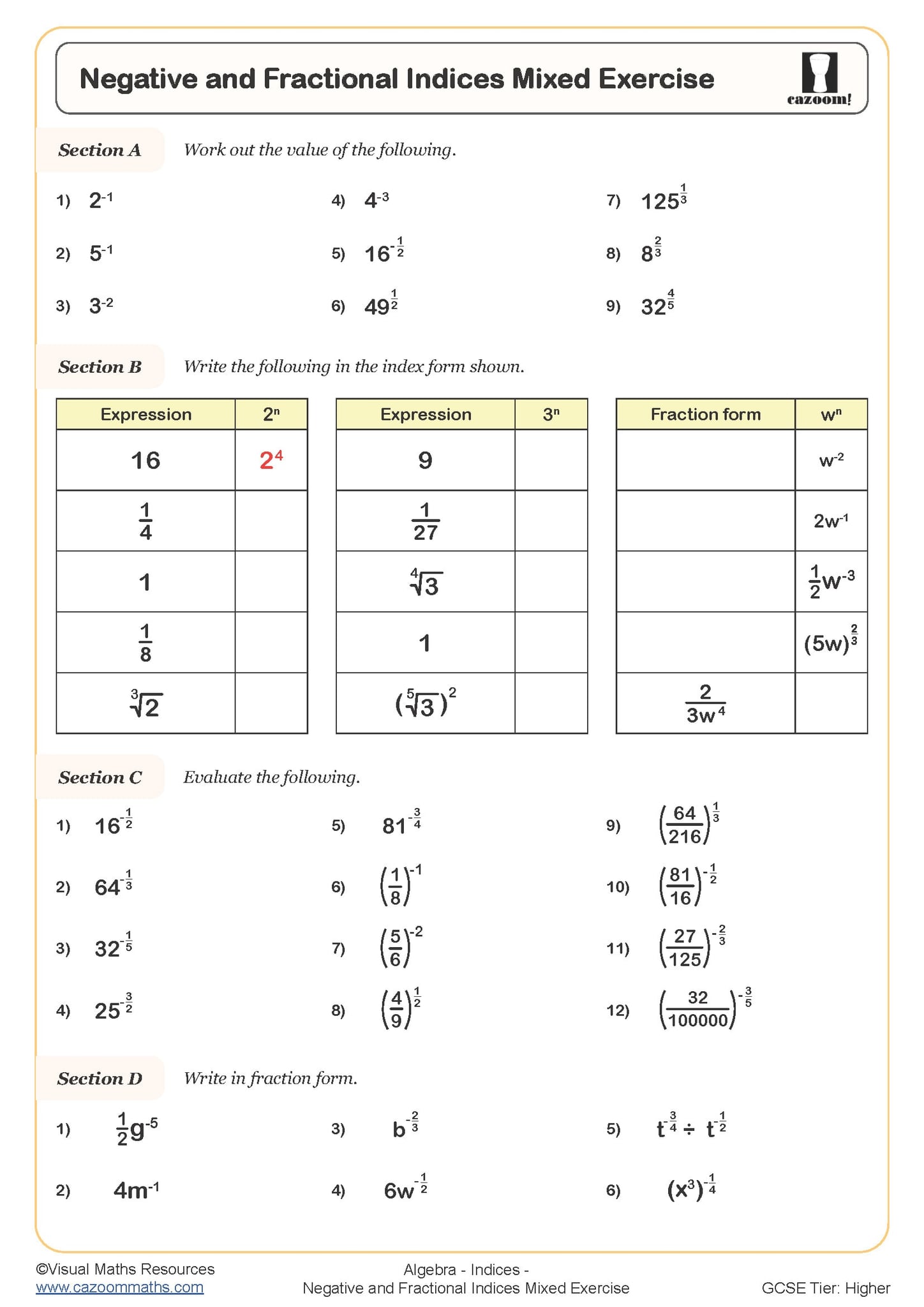 Negative And Fractional Indices Worksheet Fun And Engaging PDF Worksheets