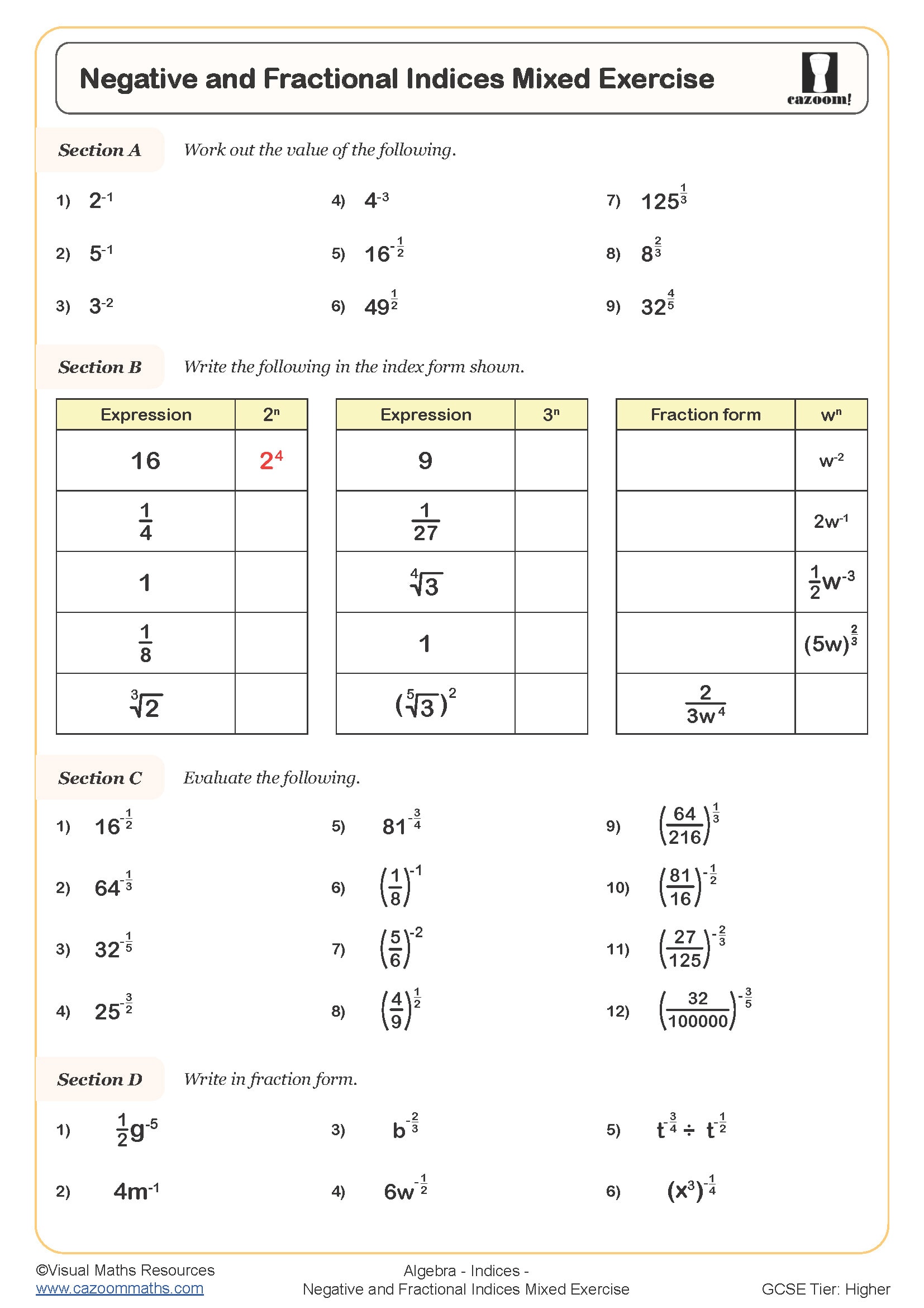 Preview of Negative and Fractional Indices Mixed Exercise Worksheet