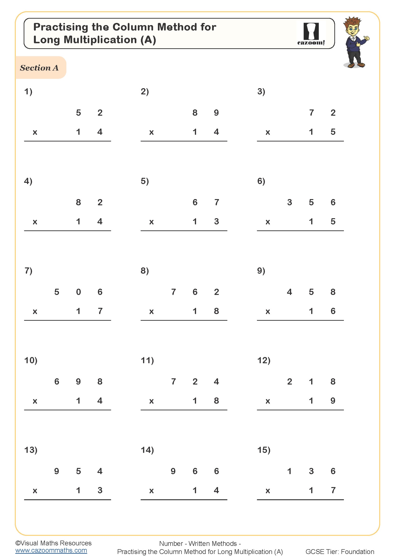 Preview of Practising the Column Method for Long Multiplication (A)