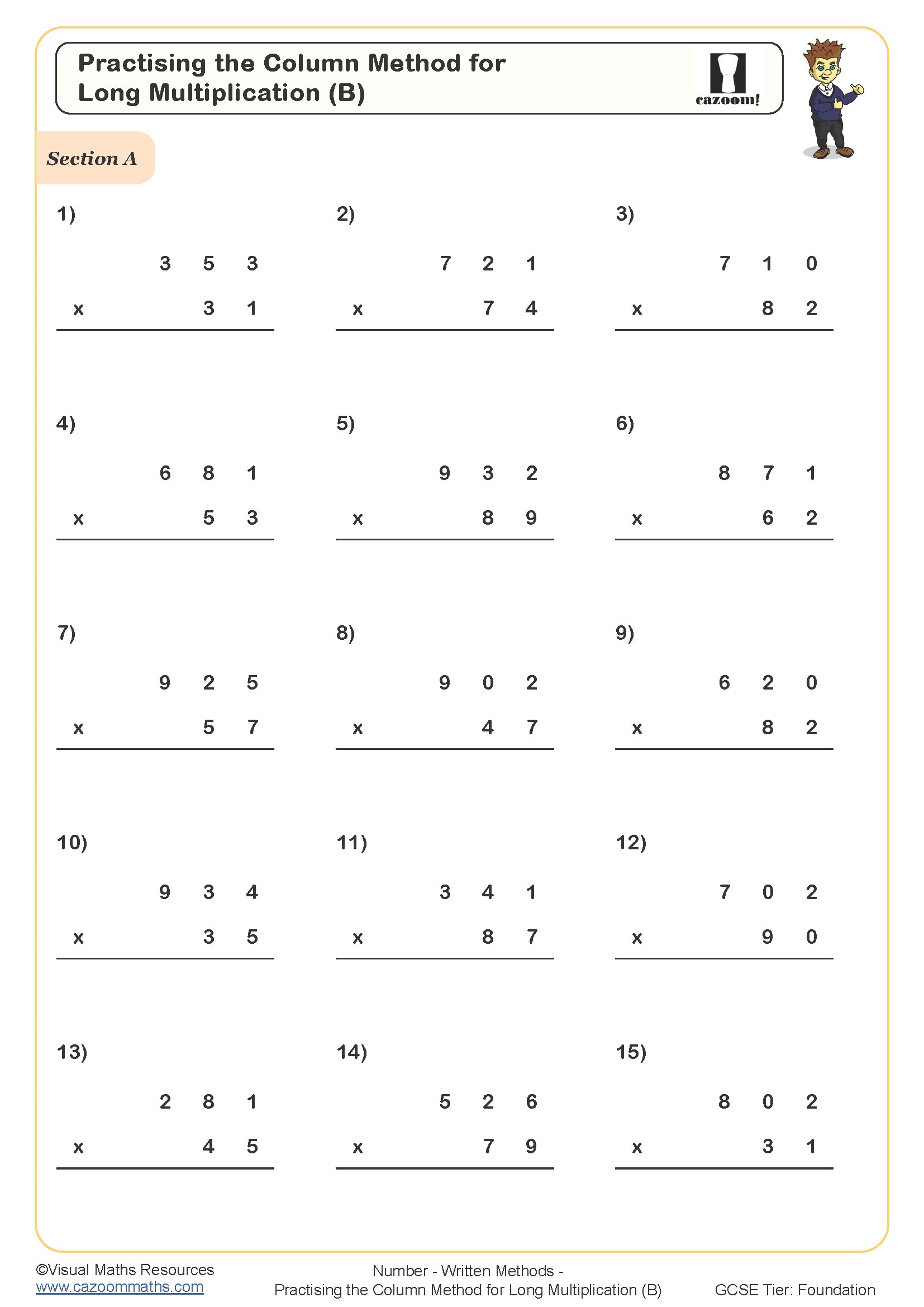 Practising The Column Method For Long Multiplication B Worksheet
