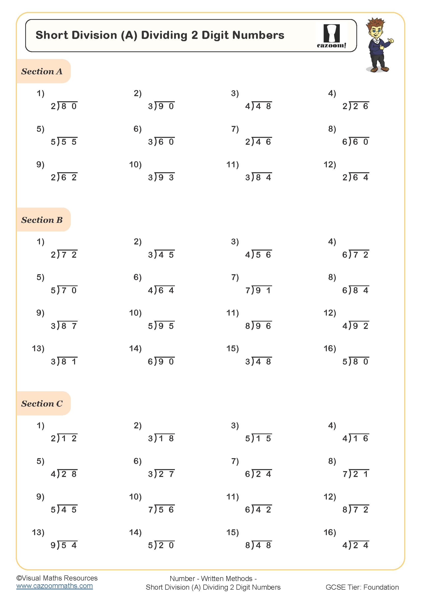 Preview of Short Division (A) Dividing 2 Digit Numbers