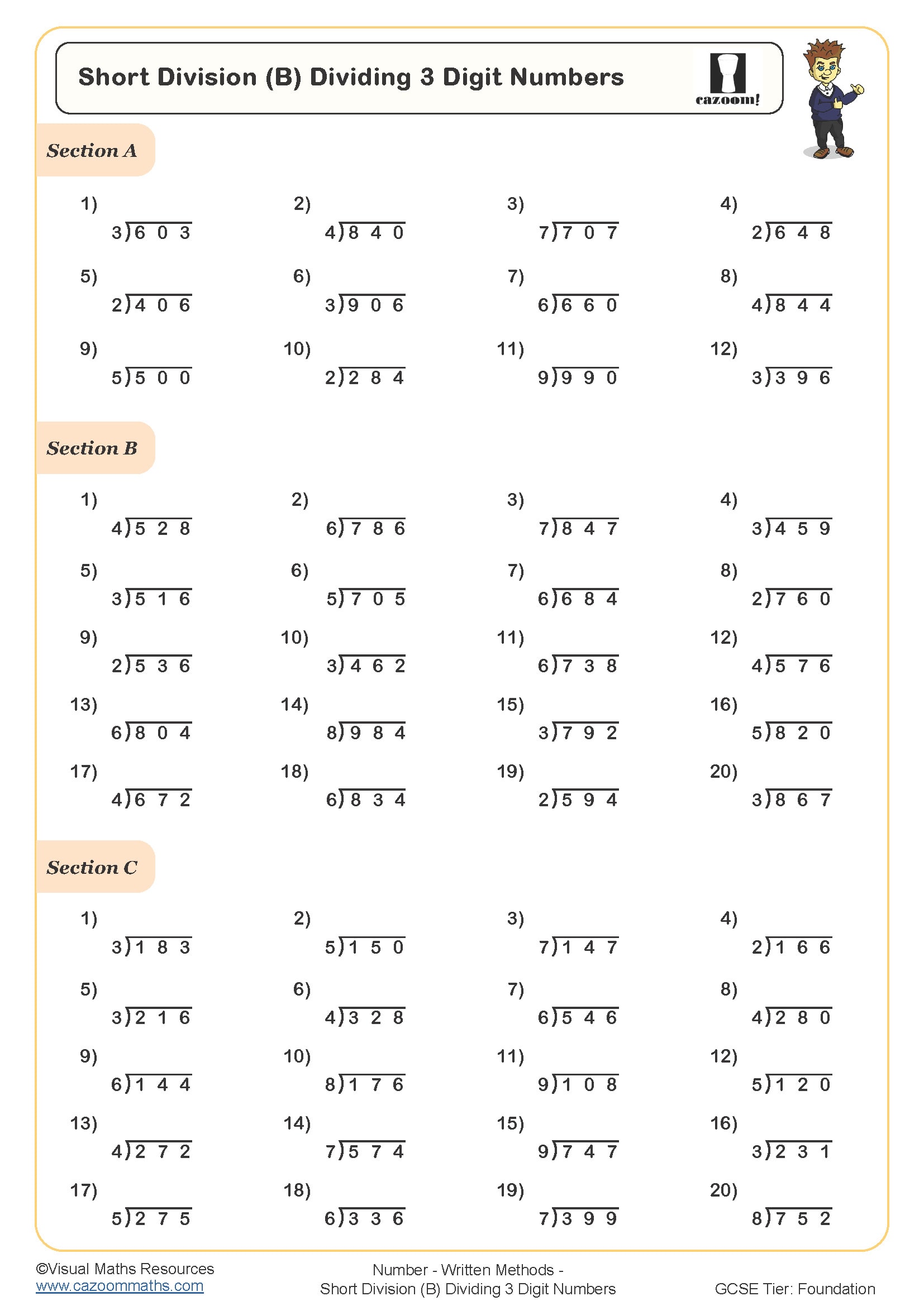 Preview of Short Division (B) Dividing 3 Digit Numbers