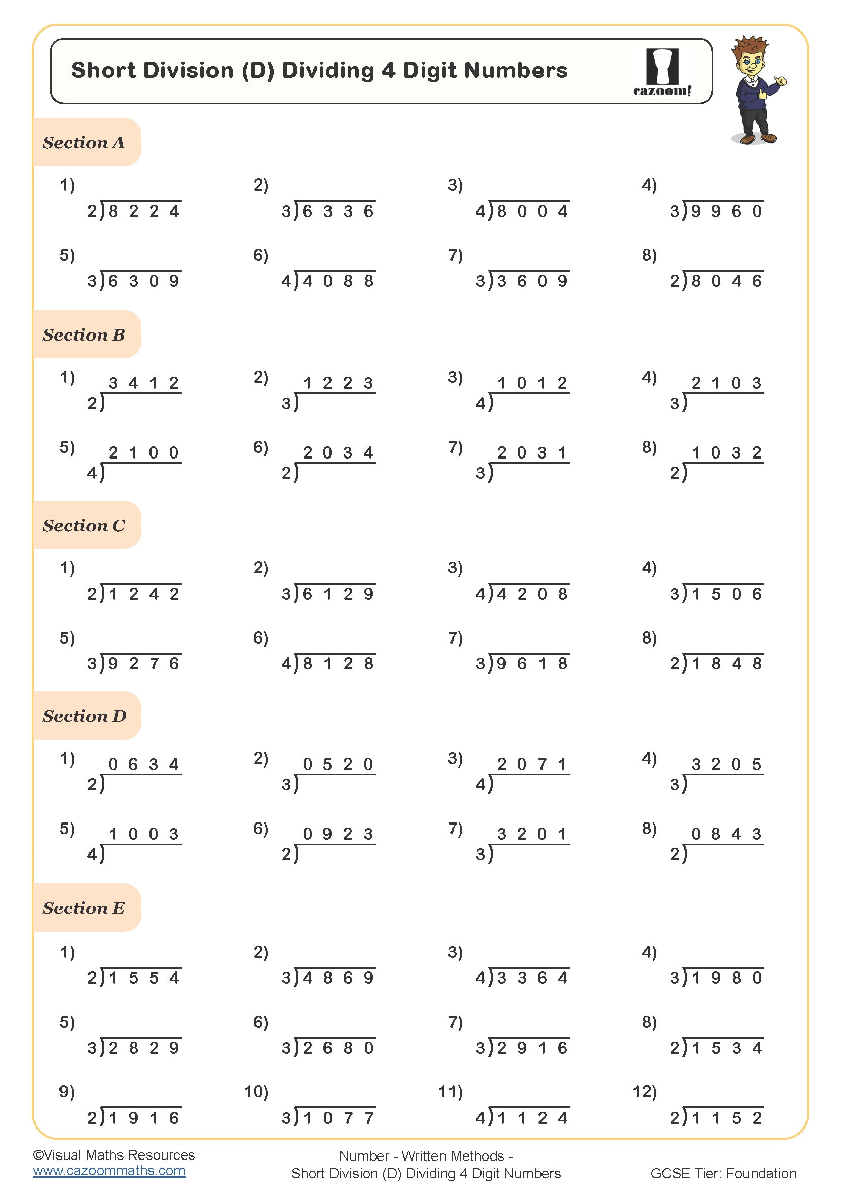 Short Division D Dividing 4 Digit Numbers Worksheet