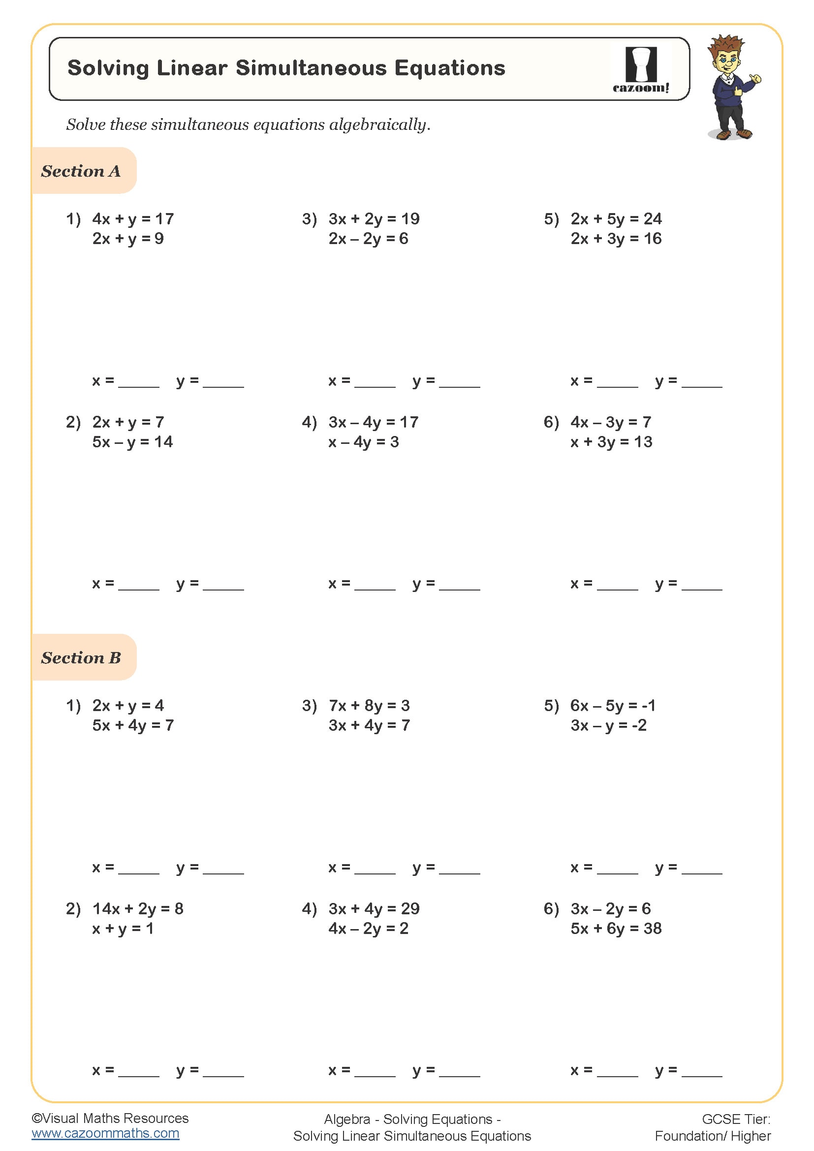 Solving Linear Simultaneous Equations Worksheet