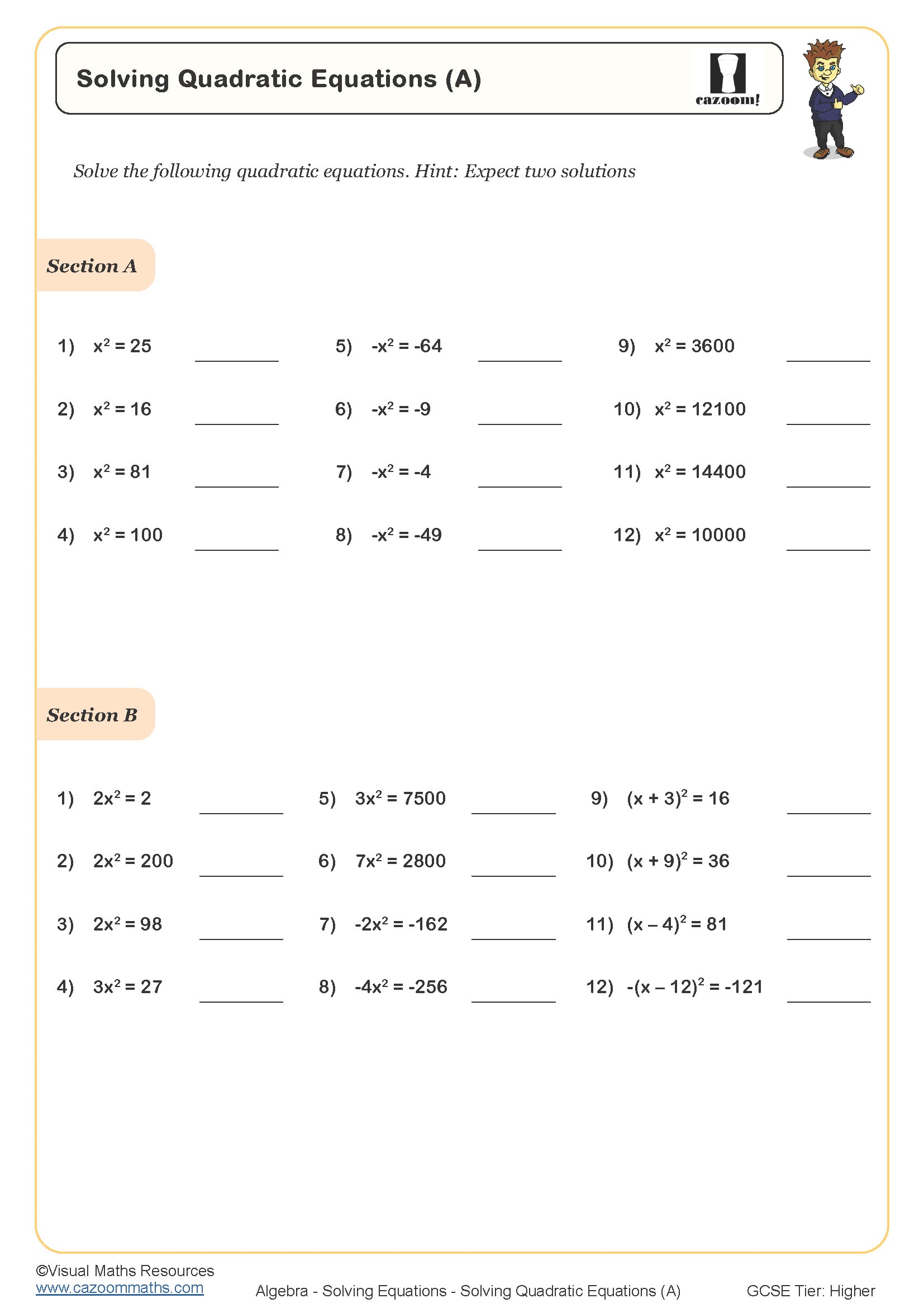 Preview of Solving Quadratic Equations (A)