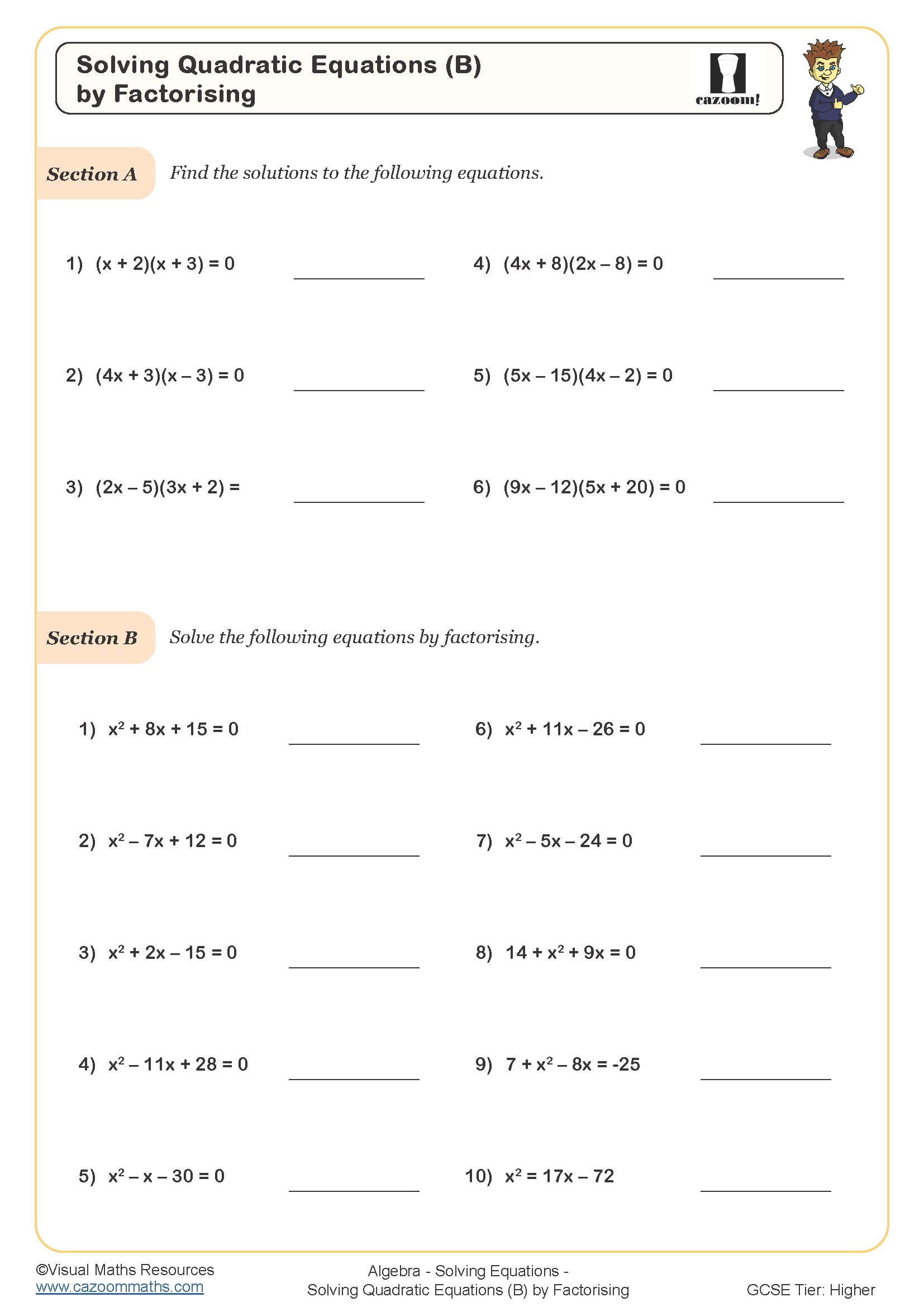 Preview of Solving Quadratic Equations (B) (by Factorising)
