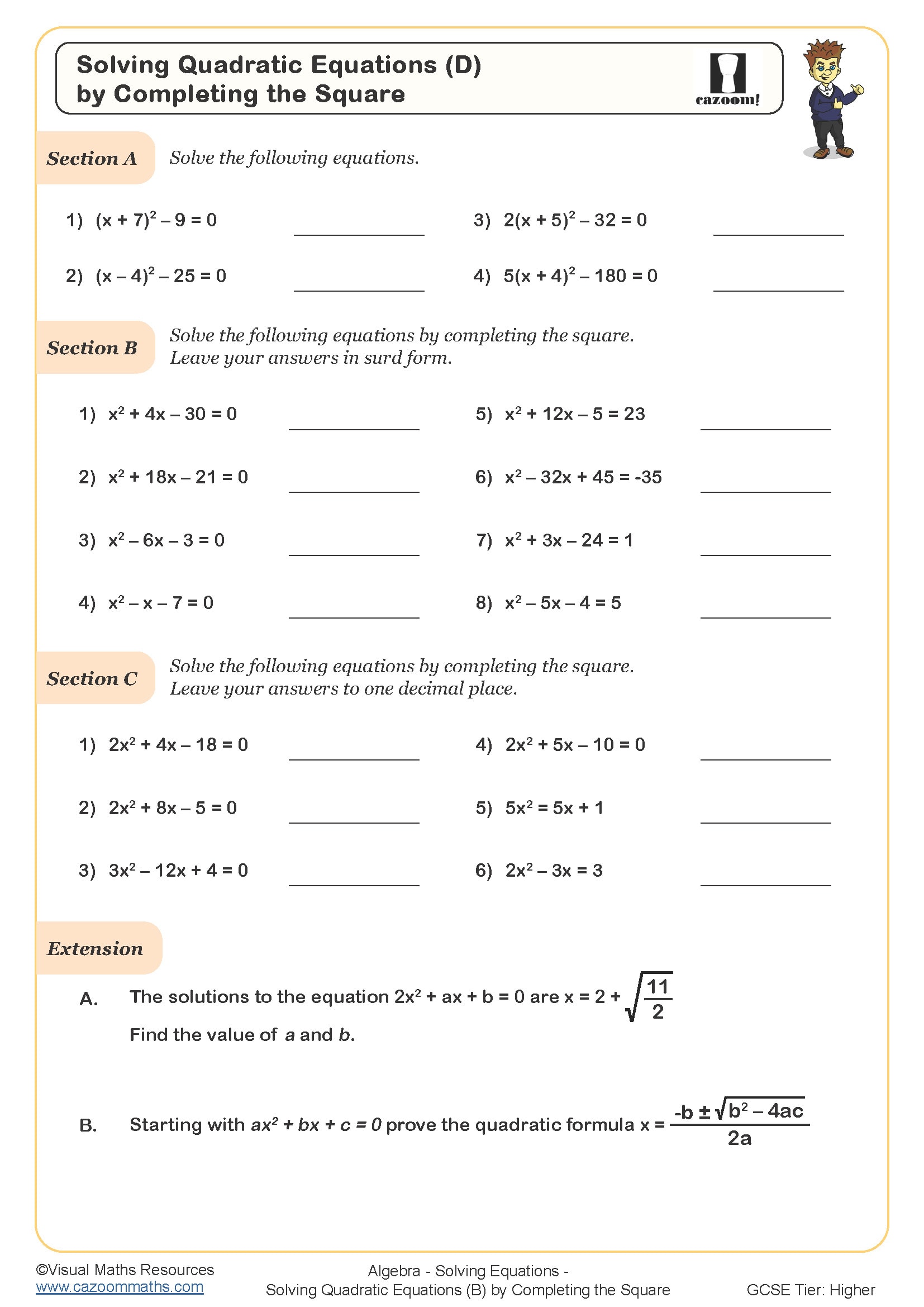 Preview of Solving Quadratic Equations (D) (by Completing the Square)