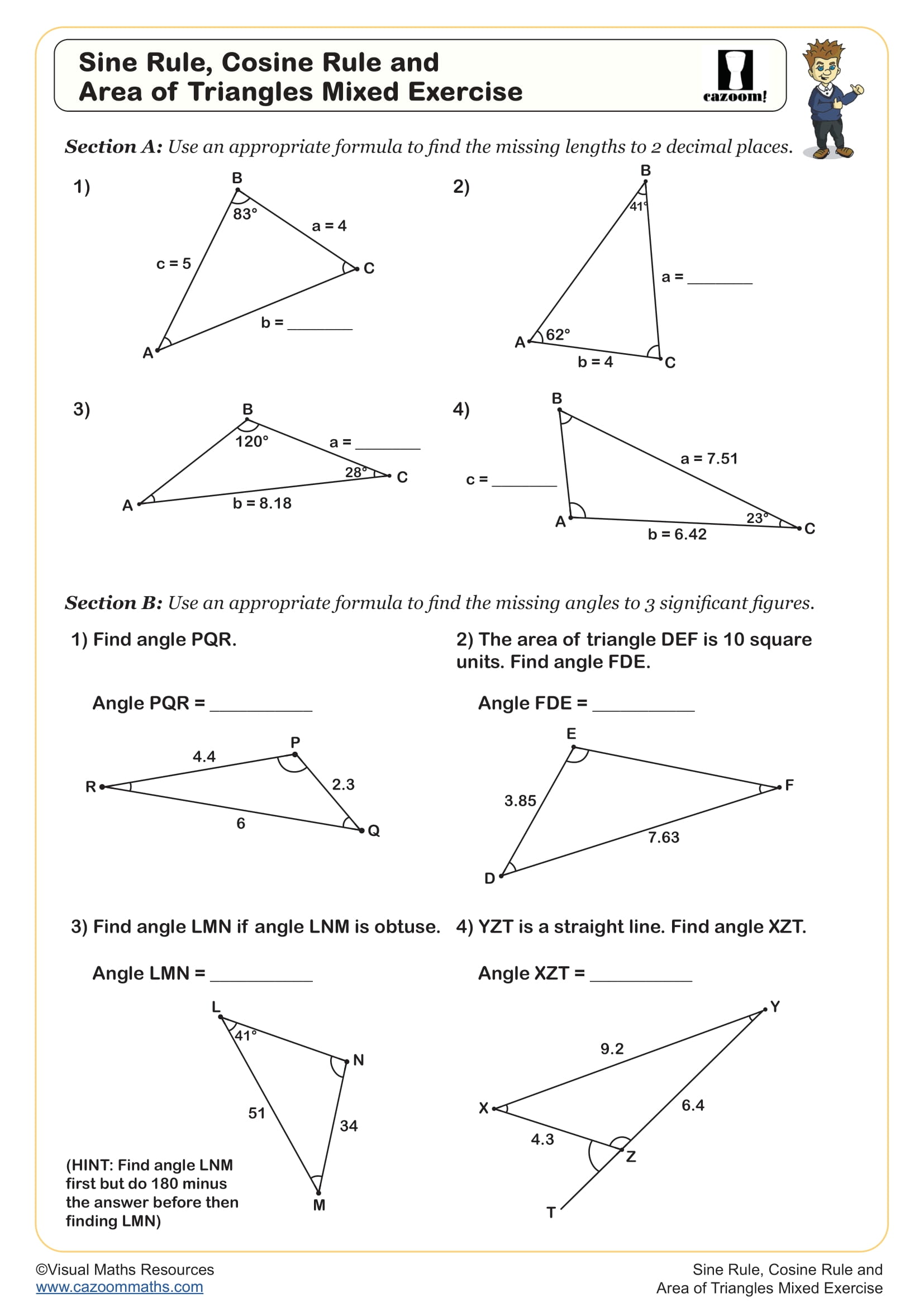 Preview of Sine Rule Cosine Rule and Area Mixed Exercise
