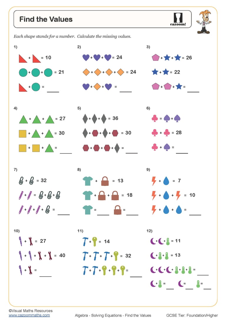 Find the Values Worksheet | Cazoom Maths Worksheets