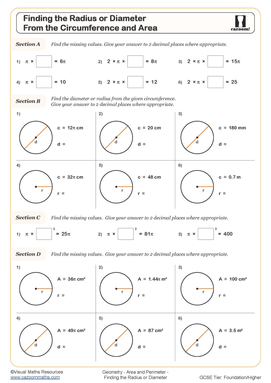 Finding The Radius Or Diameter Worksheet Cazoom Maths Worksheets