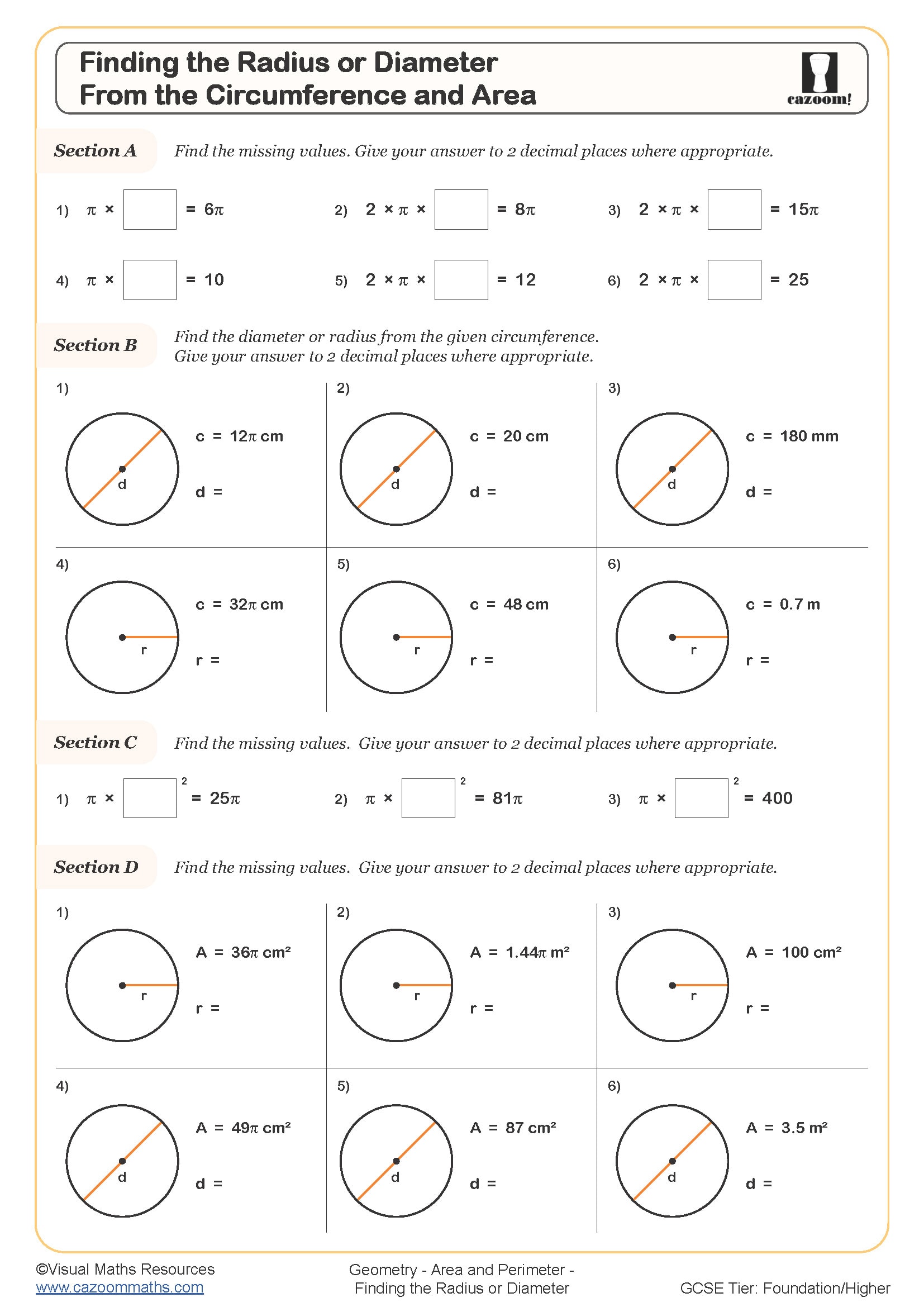 Preview of Finding the Radius or Diameter from the Circumference and Area