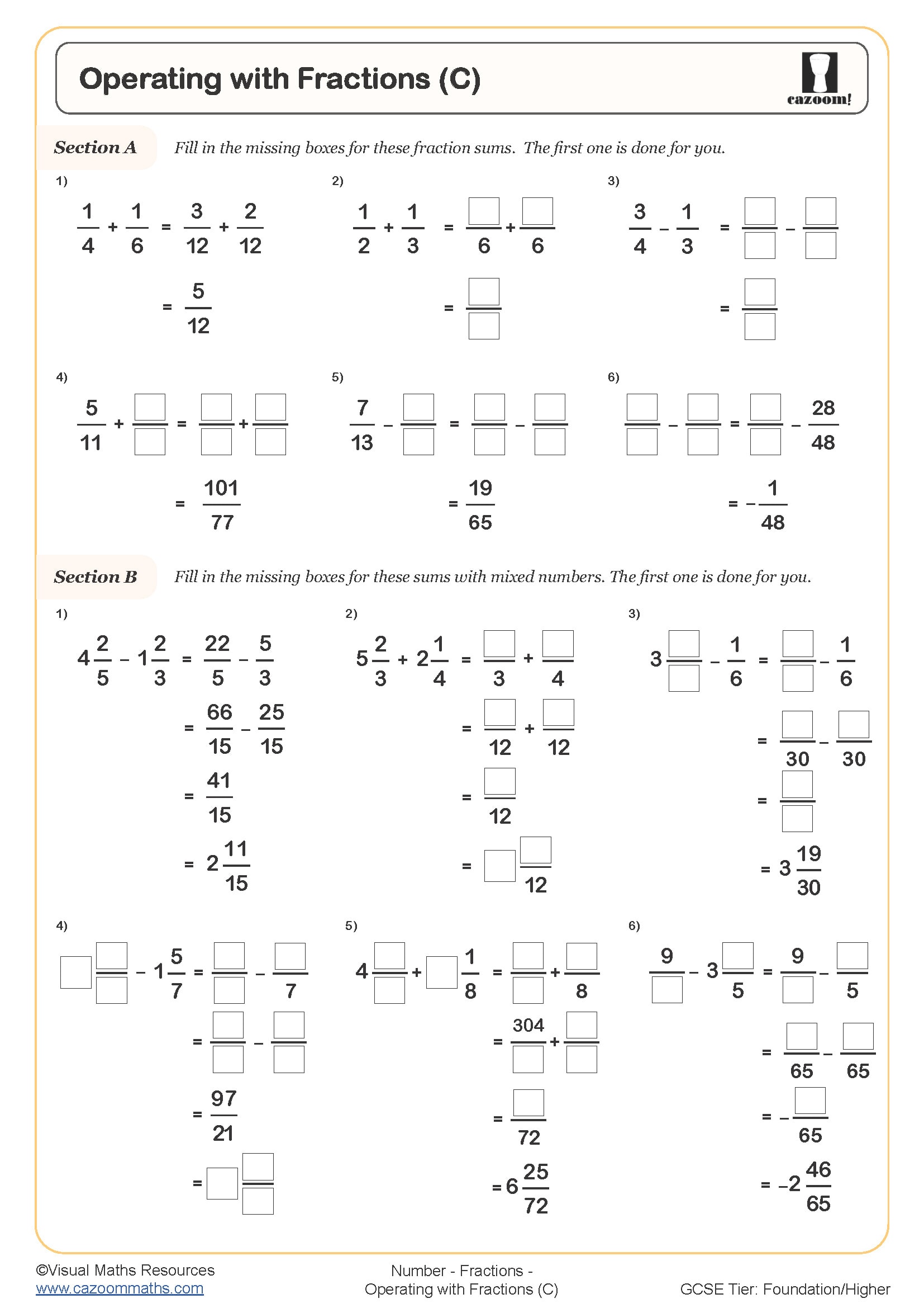 Operating With Fractions C Worksheet