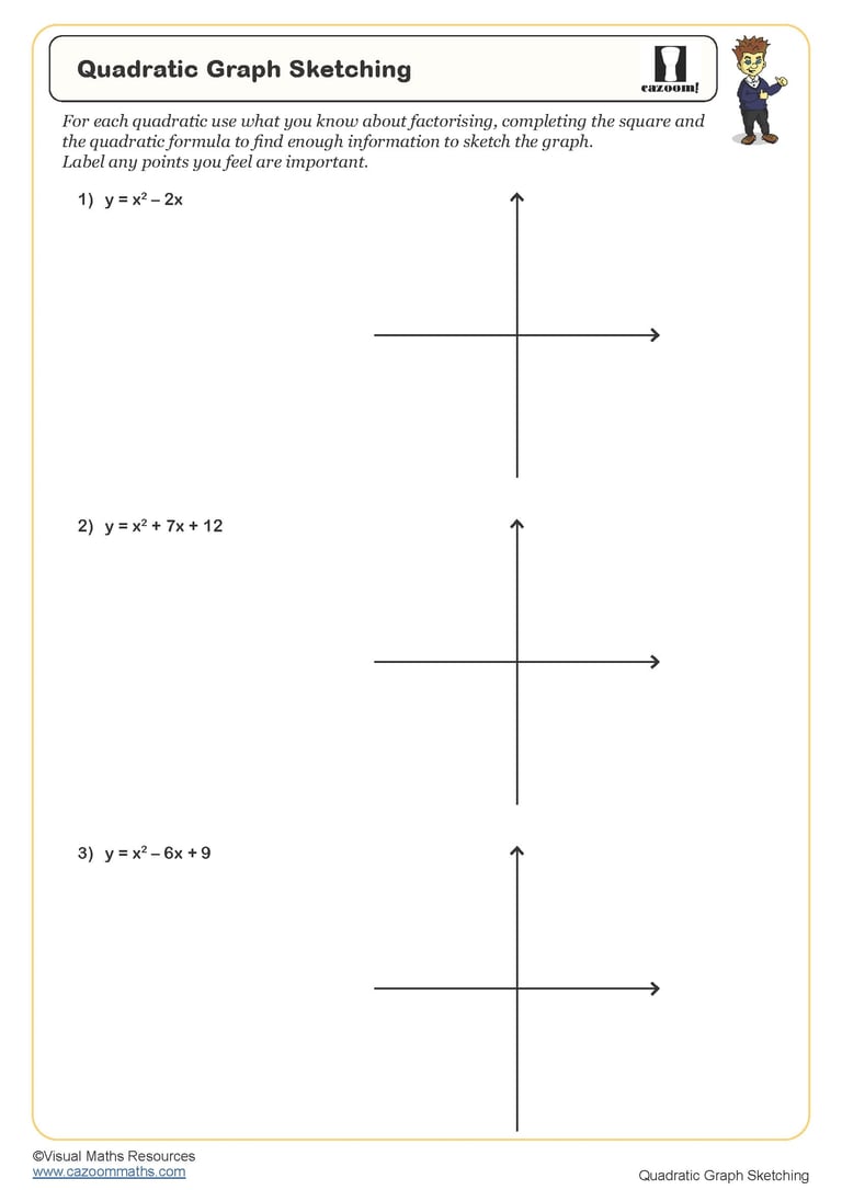 Quadratic Graph Sketching Worksheet | Cazoom Maths Worksheets