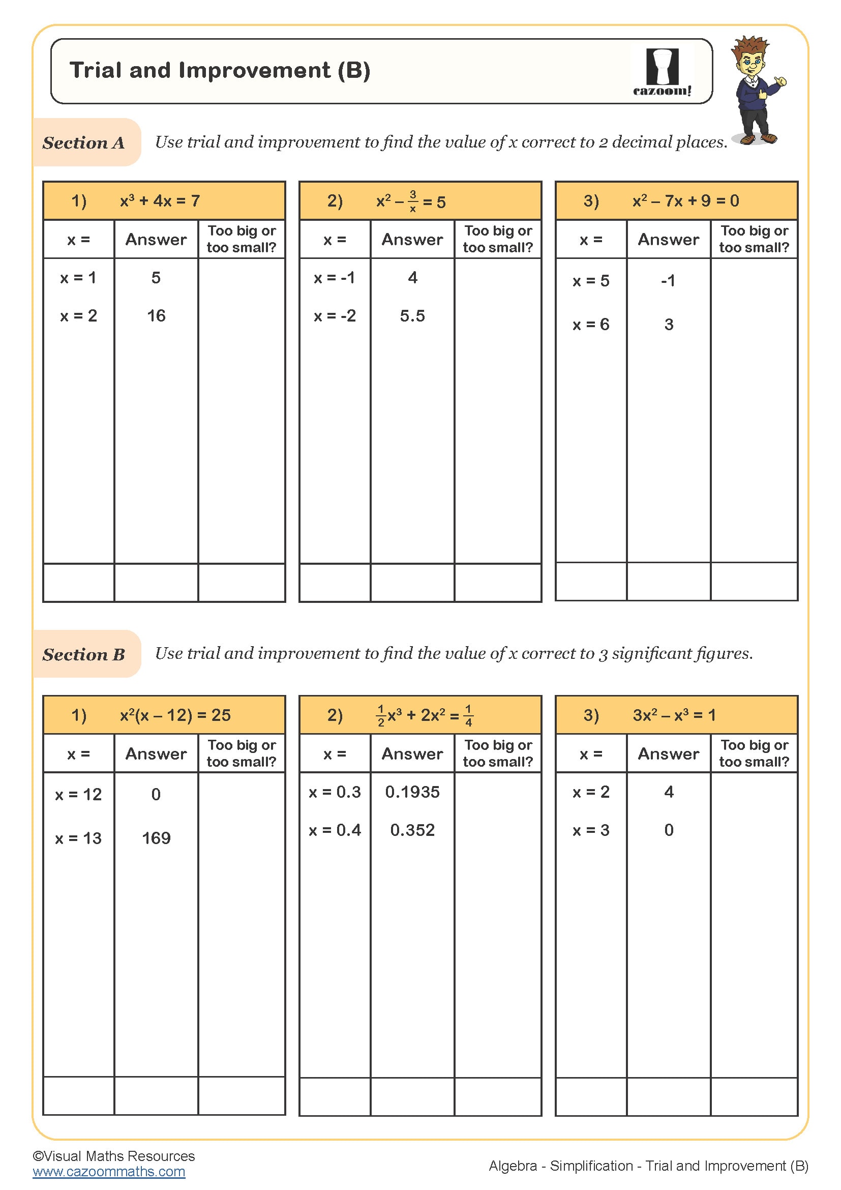 Trial And Improvement B Worksheet