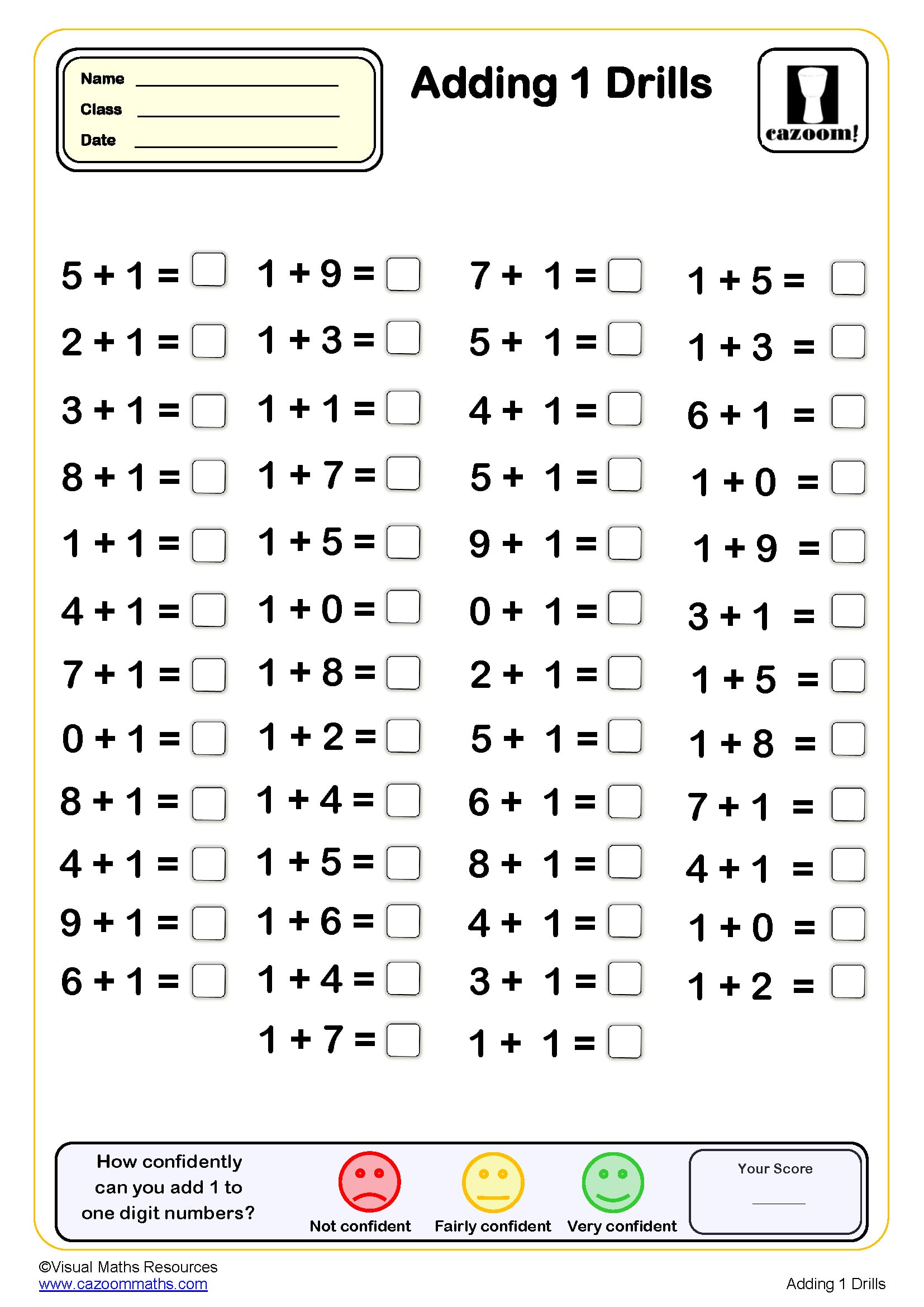 Preview of Adding 1 drills (50 questions)