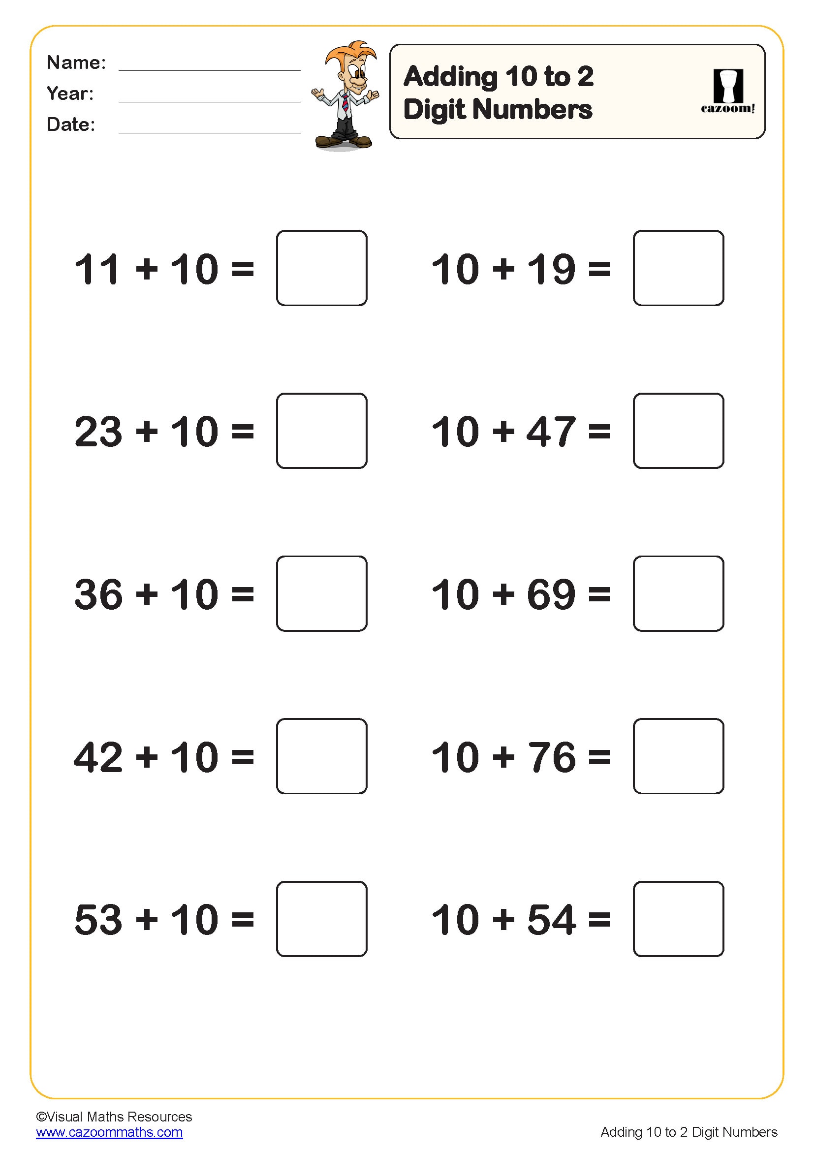 Preview of Adding 10 to 2 digit numbers (10 questions)