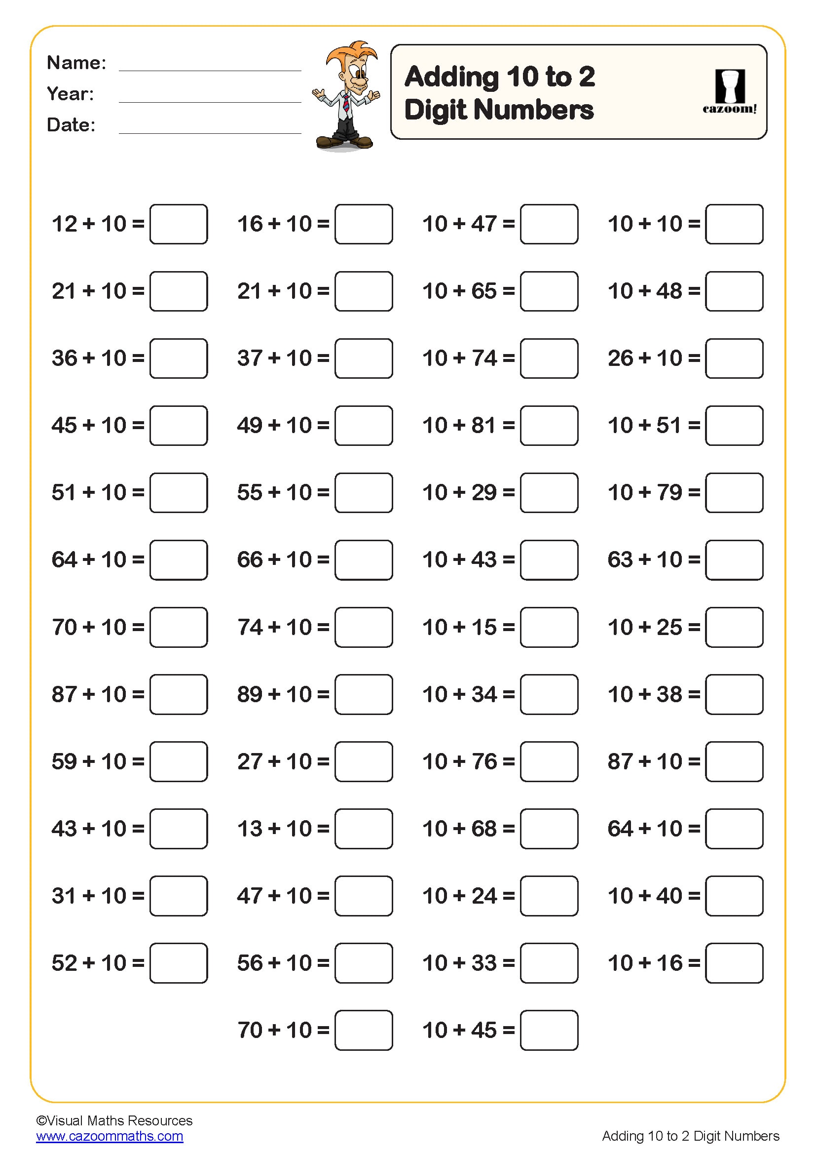 Preview of Adding 10 to 2 digit numbers (50 questions)