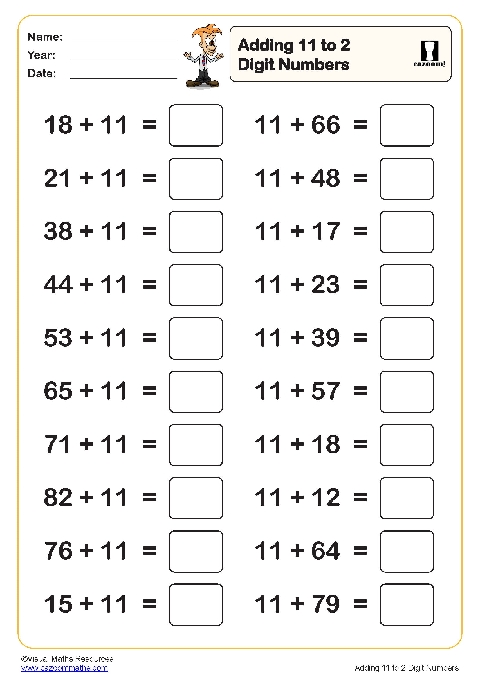 Preview of Adding 11 to 2 digit numbers (20 questions)