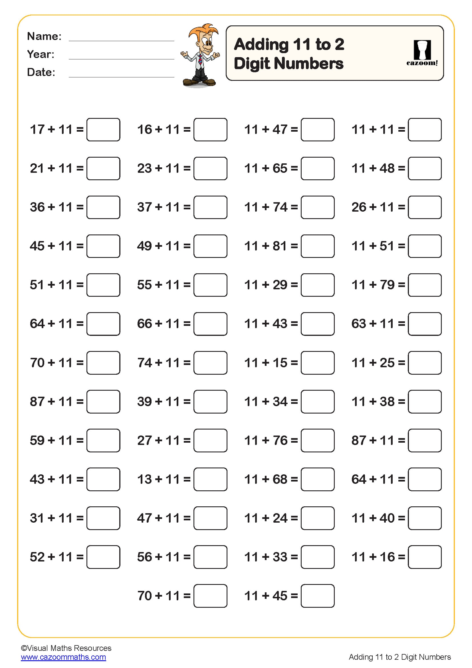 Preview of Adding 11 to 2 digit numbers (50 questions)