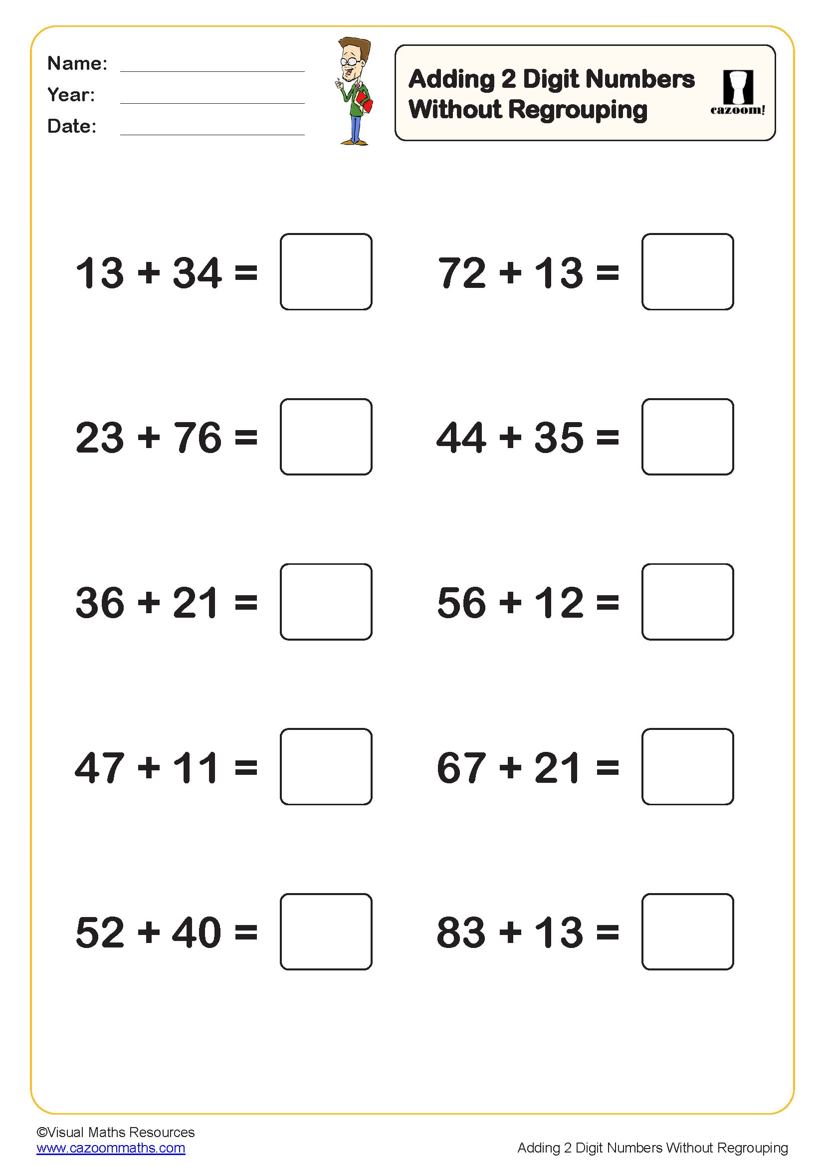 Adding 2 Digit Numbers Without Regrouping 10 Questions Worksheet