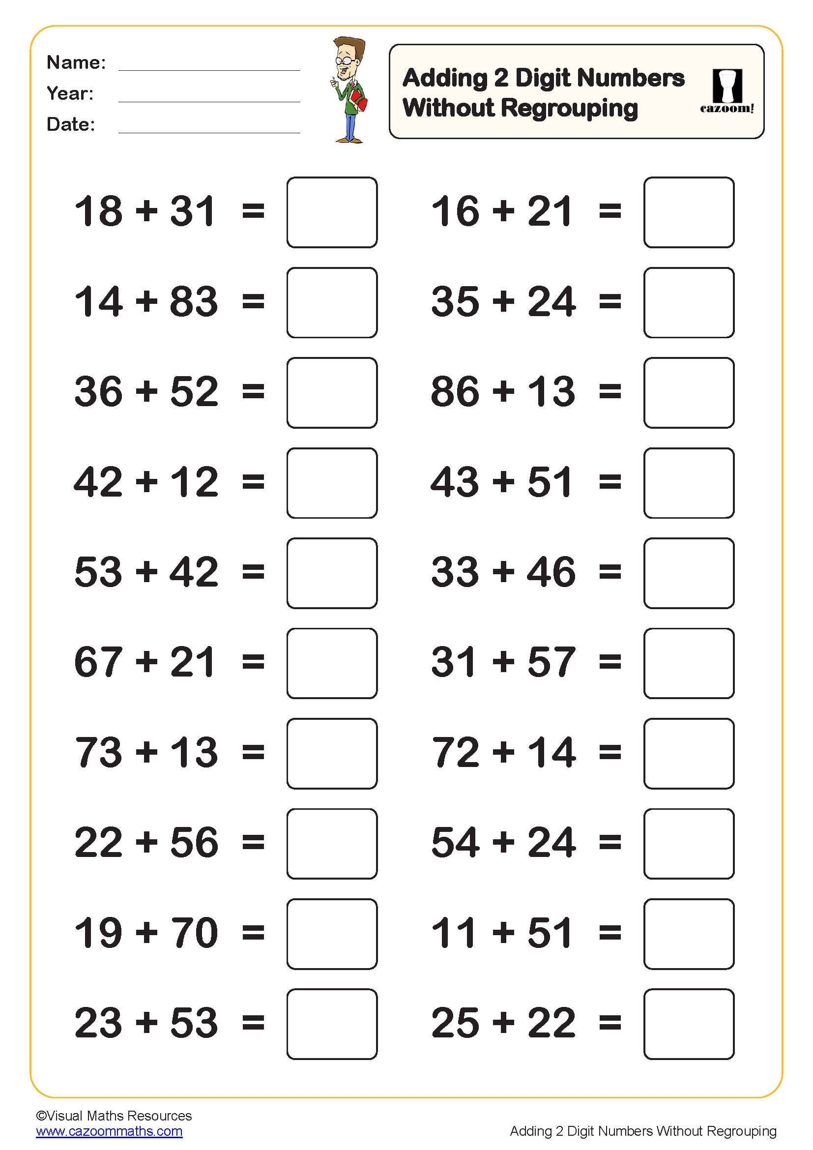Adding 2 Digit Numbers Without Regrouping 20 Questions Worksheet