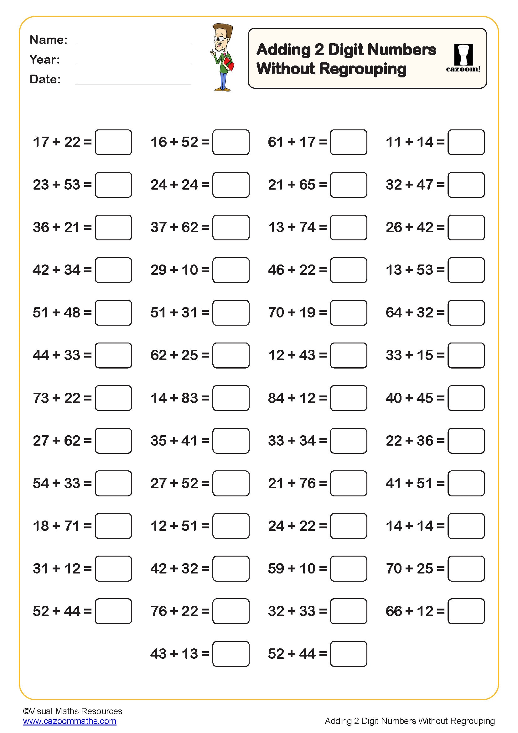 Preview of Adding 2 digit numbers without regrouping (50 questions)