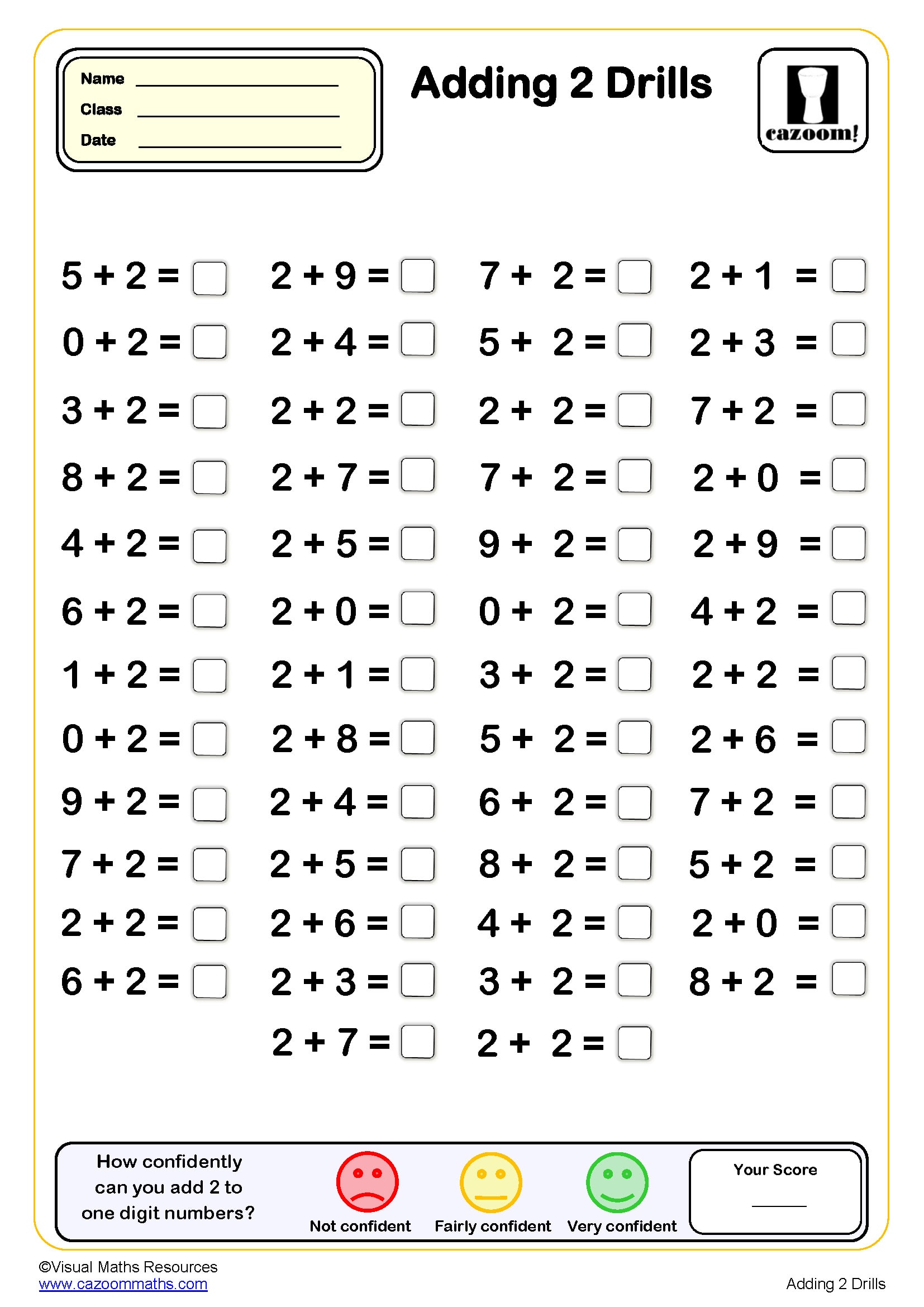 Preview of Adding 2 drills (50 questions)