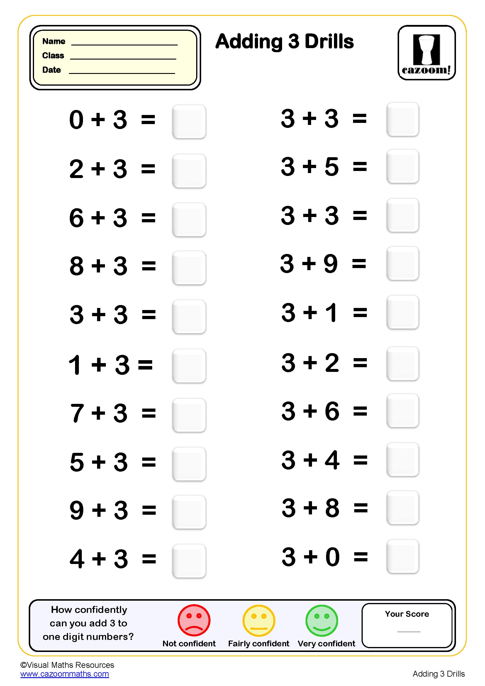 Preview of Adding 3 drills (20 questions)