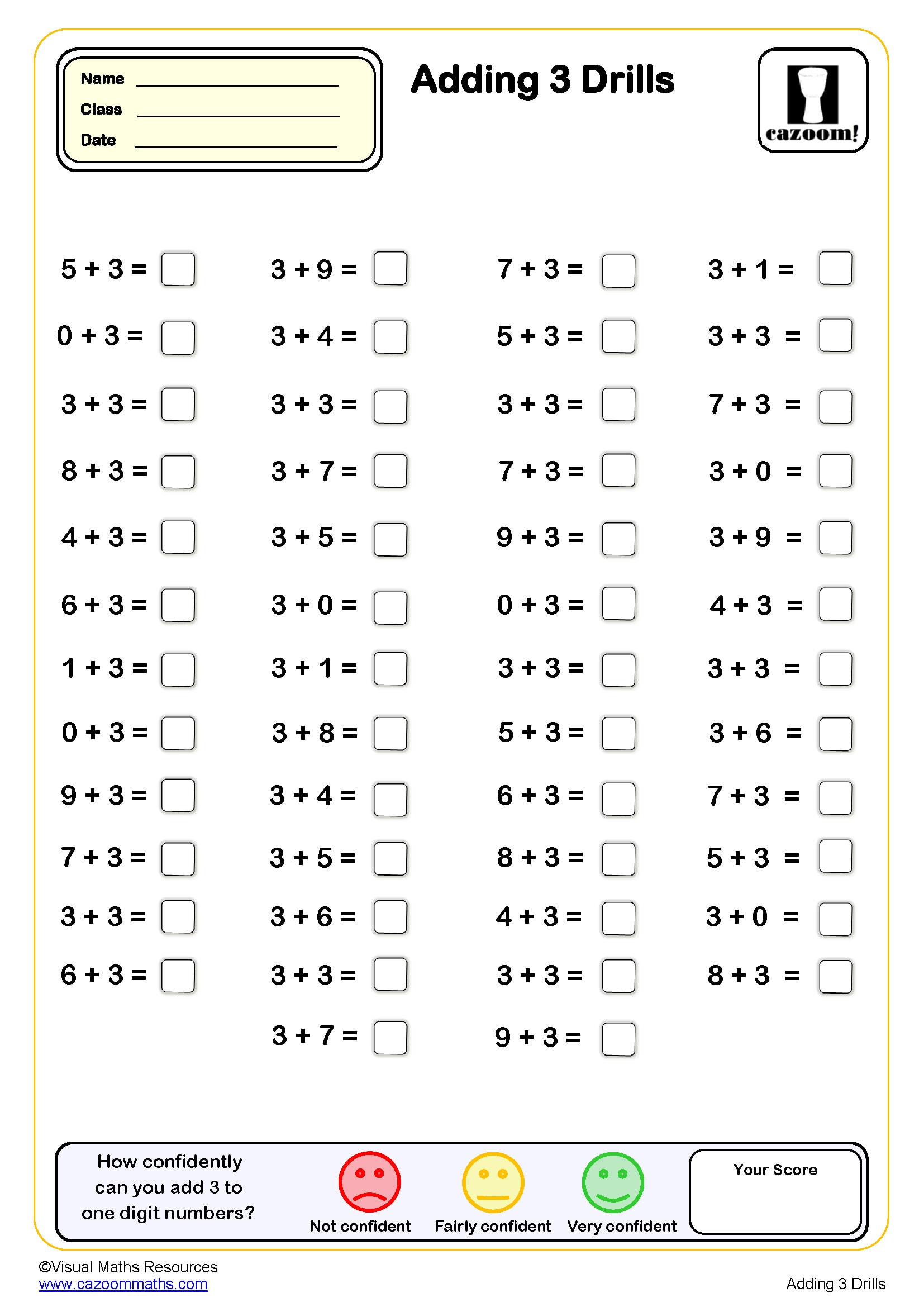 Adding 3 Drills 50 Questions Worksheet