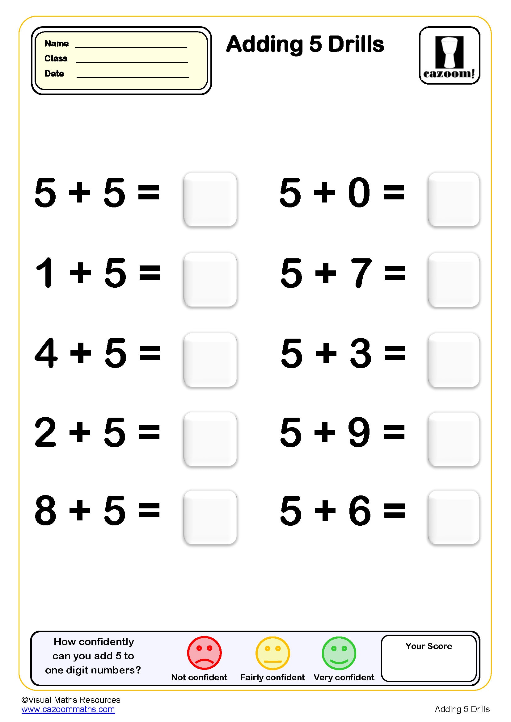 Adding 5 Drills 10 Questions Worksheet