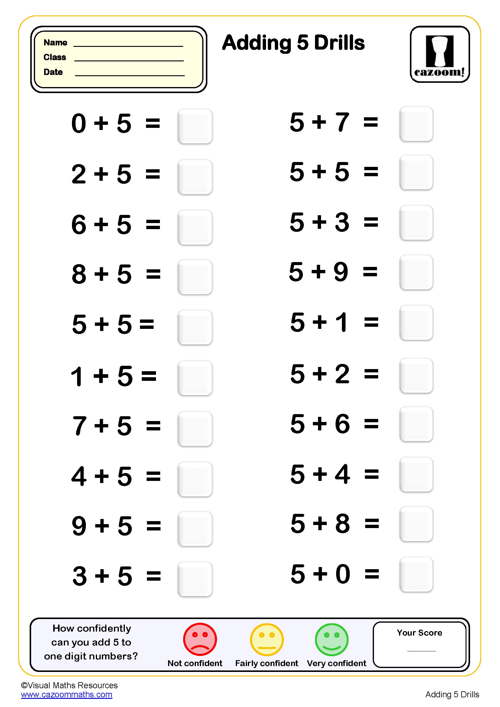 Adding 5 Drills 20 Questions Worksheet