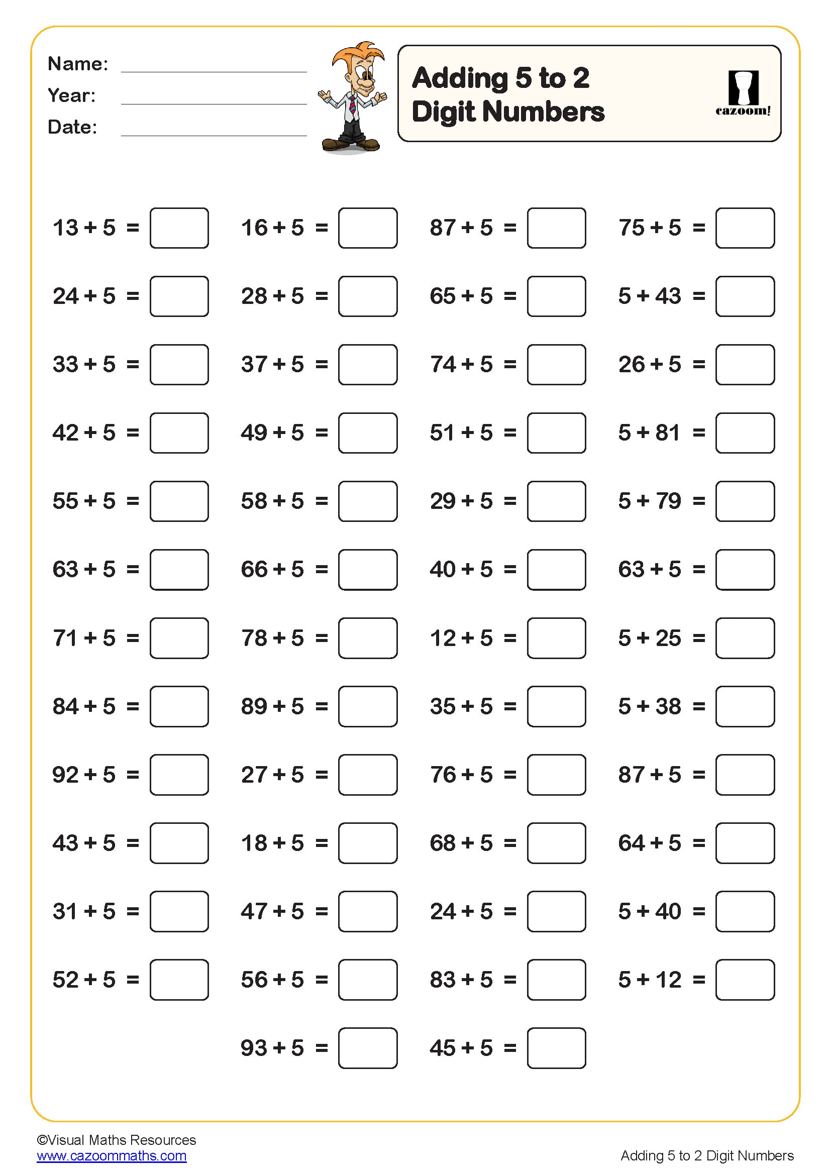 Preview of Adding 5 to 2 digit numbers (50 questions)