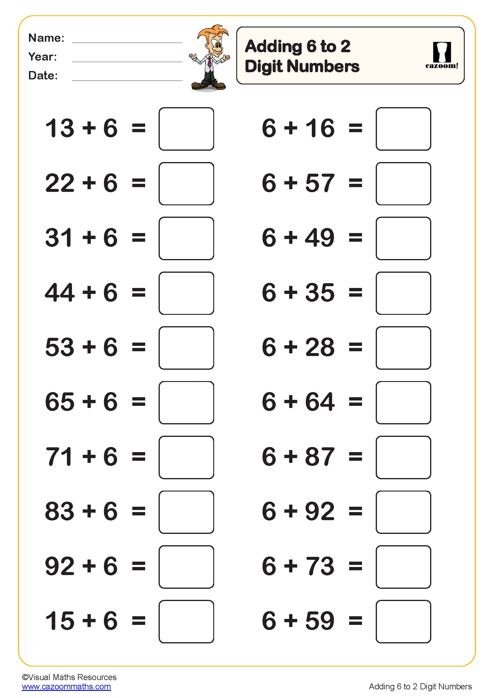 Preview of Adding 6 to 2 digit numbers (20 questions)