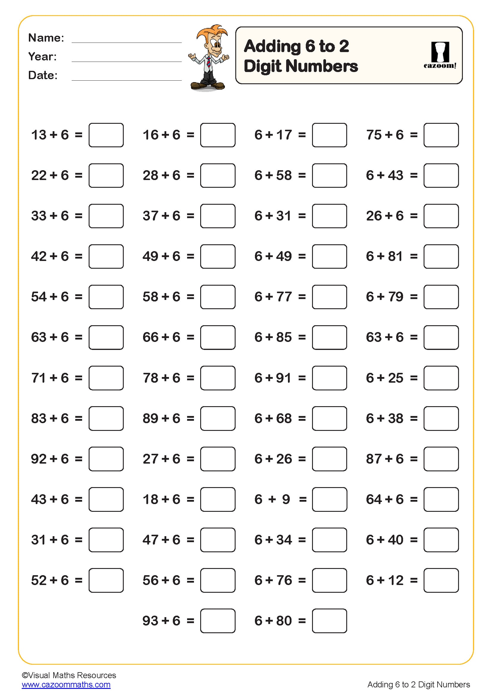 Adding 6 To 2 Digit Numbers 50 Questions Worksheet