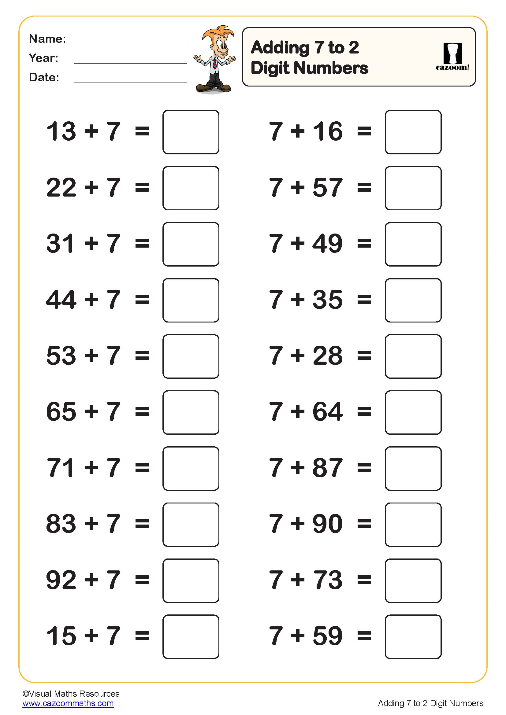 Preview of Adding 7 to 2 digit numbers (20 questions)