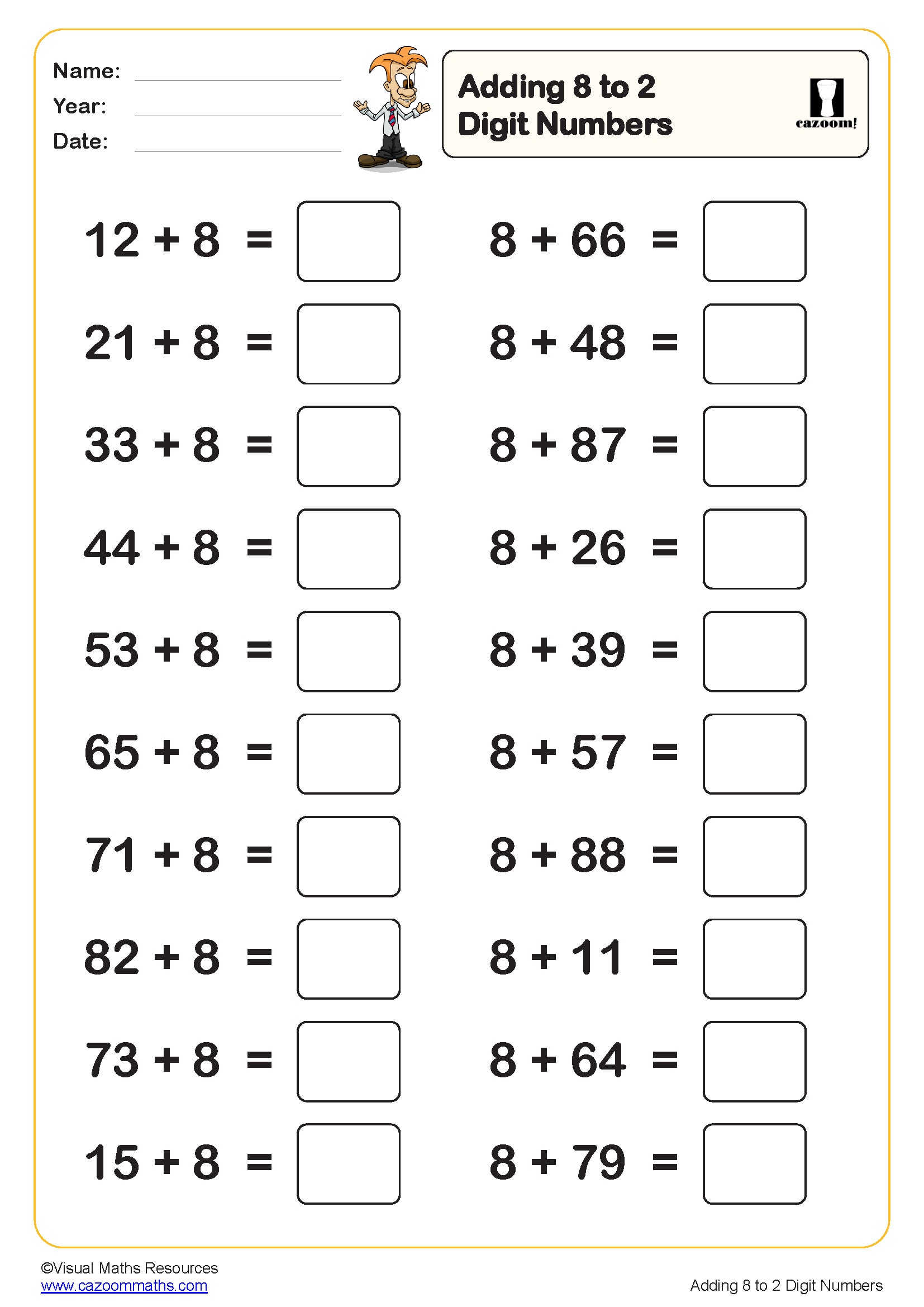 Preview of Adding 8 to 2 digit numbers (20 questions)