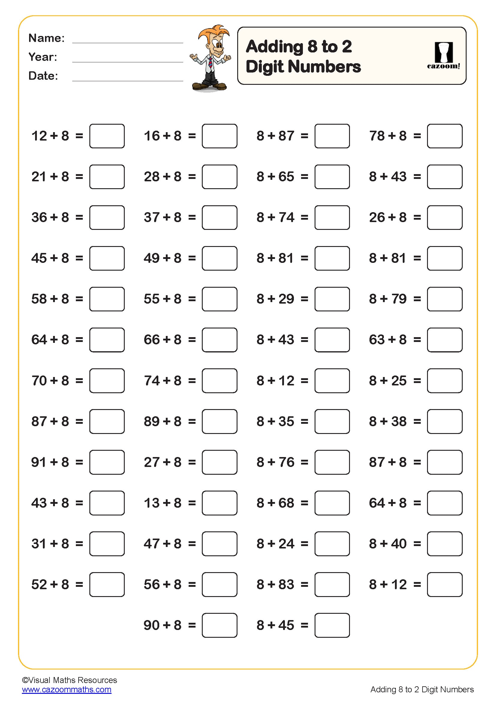 Preview of Adding 8 to 2 digit numbers (50 questions)