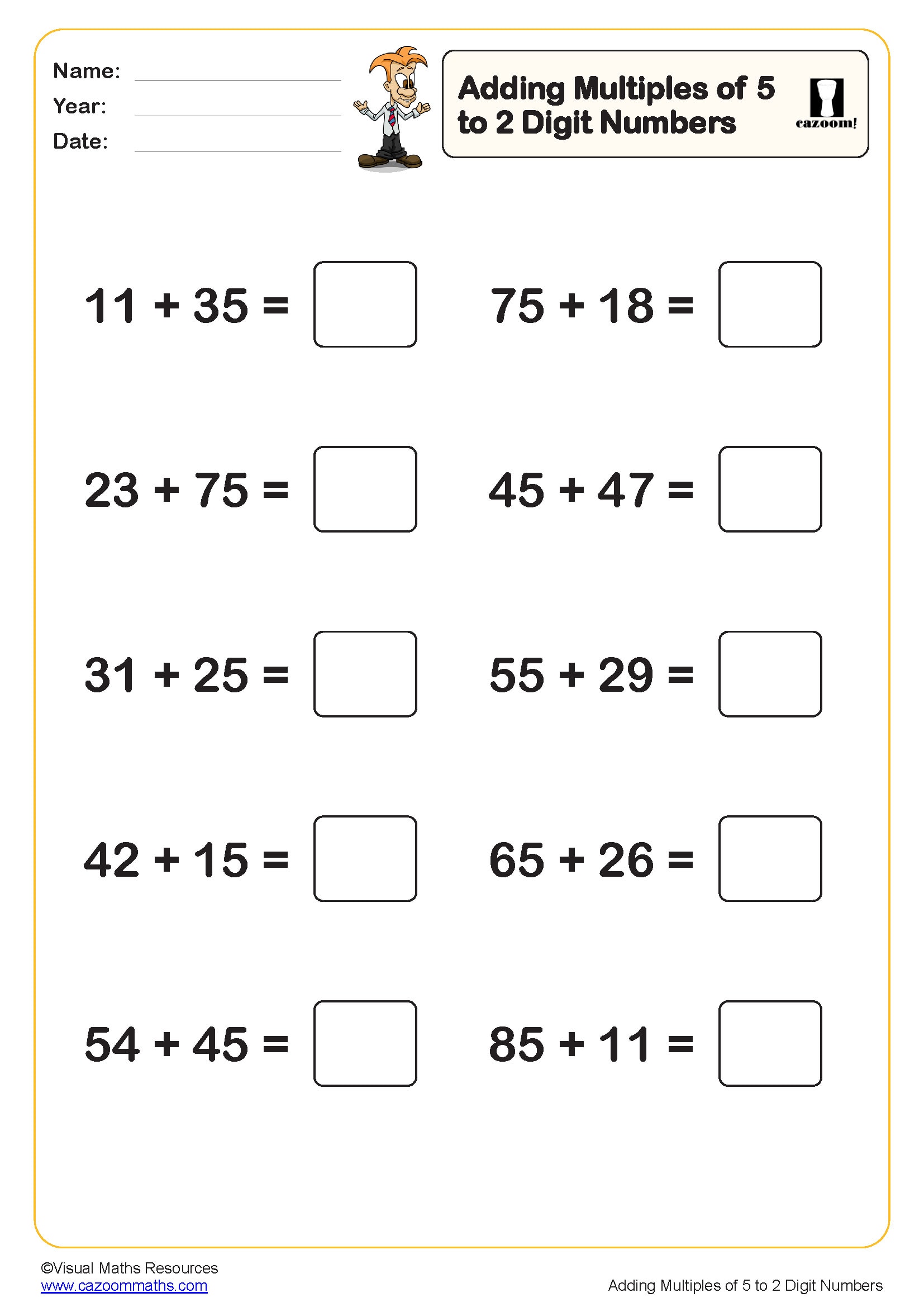 Preview of Adding mulitples of 5 to a 2 digit number (10 questions)