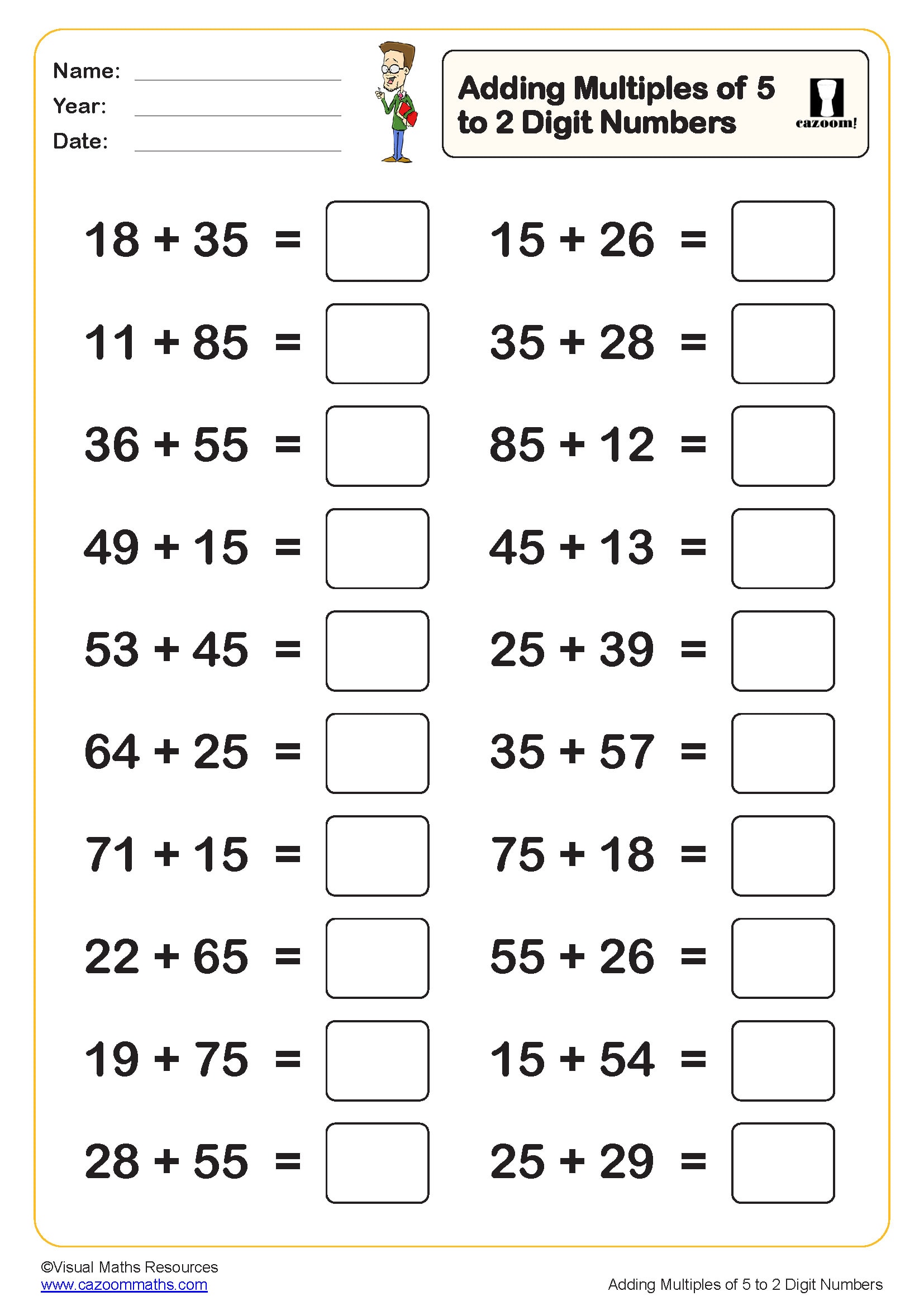Preview of Adding mulitples of 5 to a 2 digit number (20 questions)