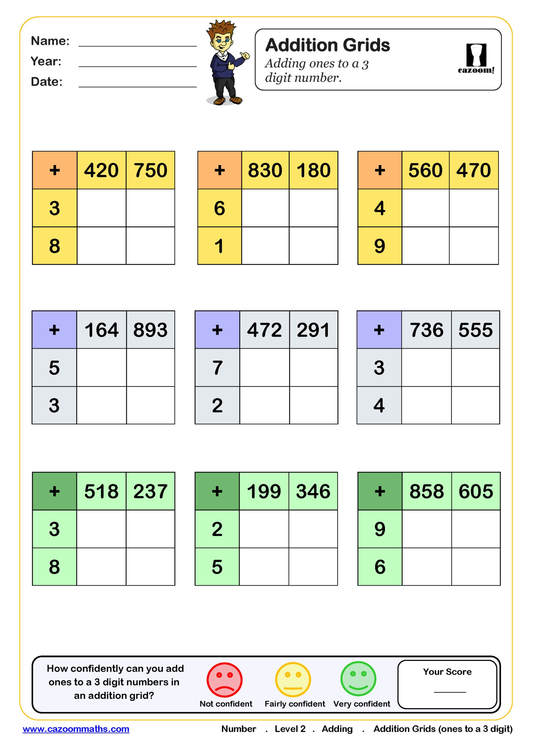 Preview of Addition grids (adding ones to a 3 digit number)
