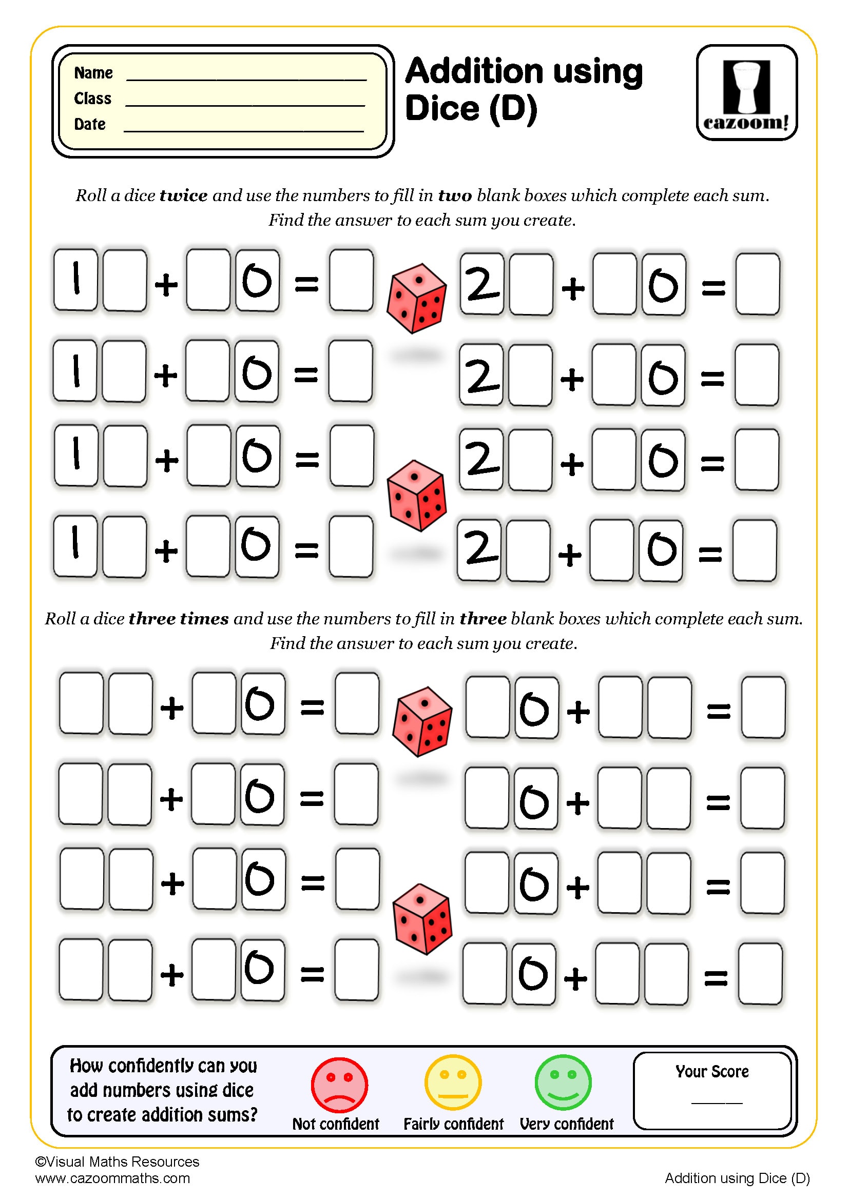 Addition Using Dice D Worksheet