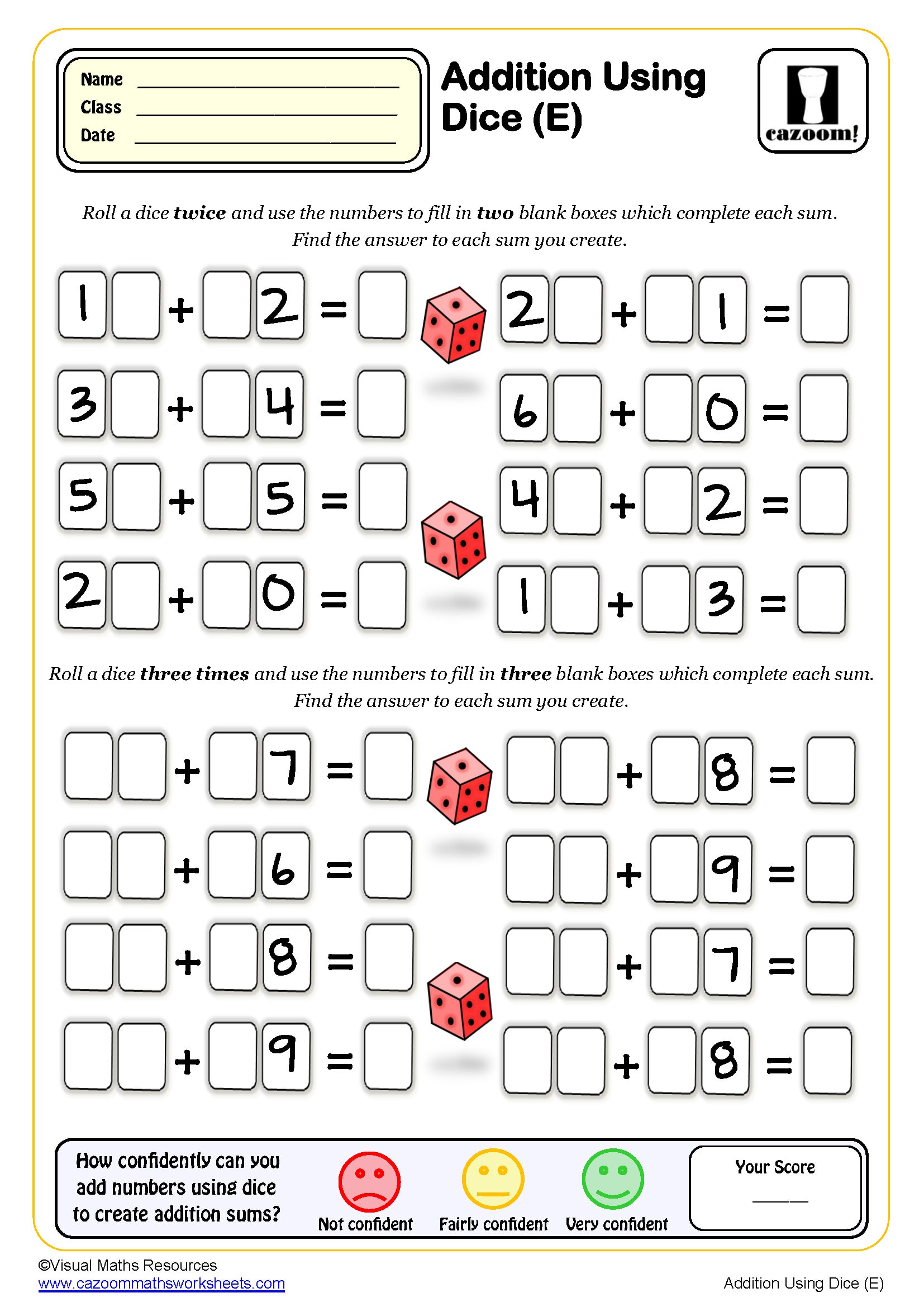 Preview of Addition Using Dice (E)