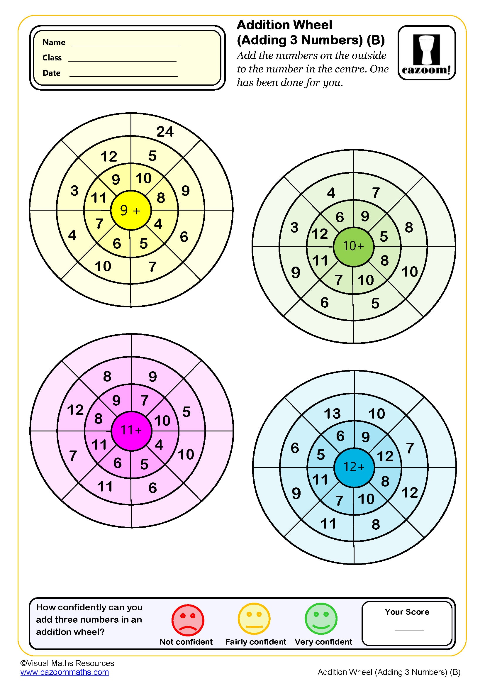 Preview of Addition Wheels adding three numbers (B)