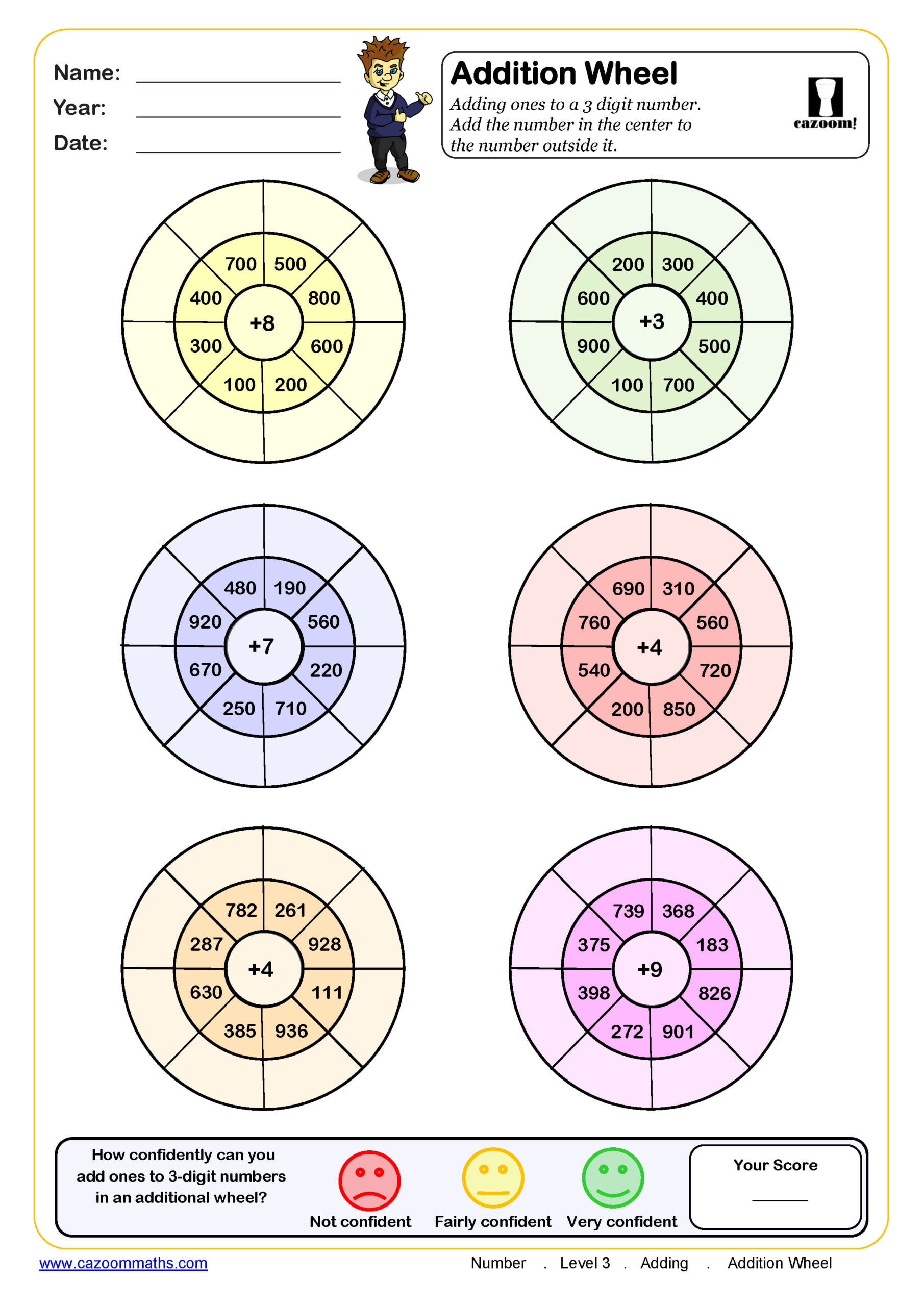 Preview of Addition Wheels (adding ones to 3 digit numbers)
