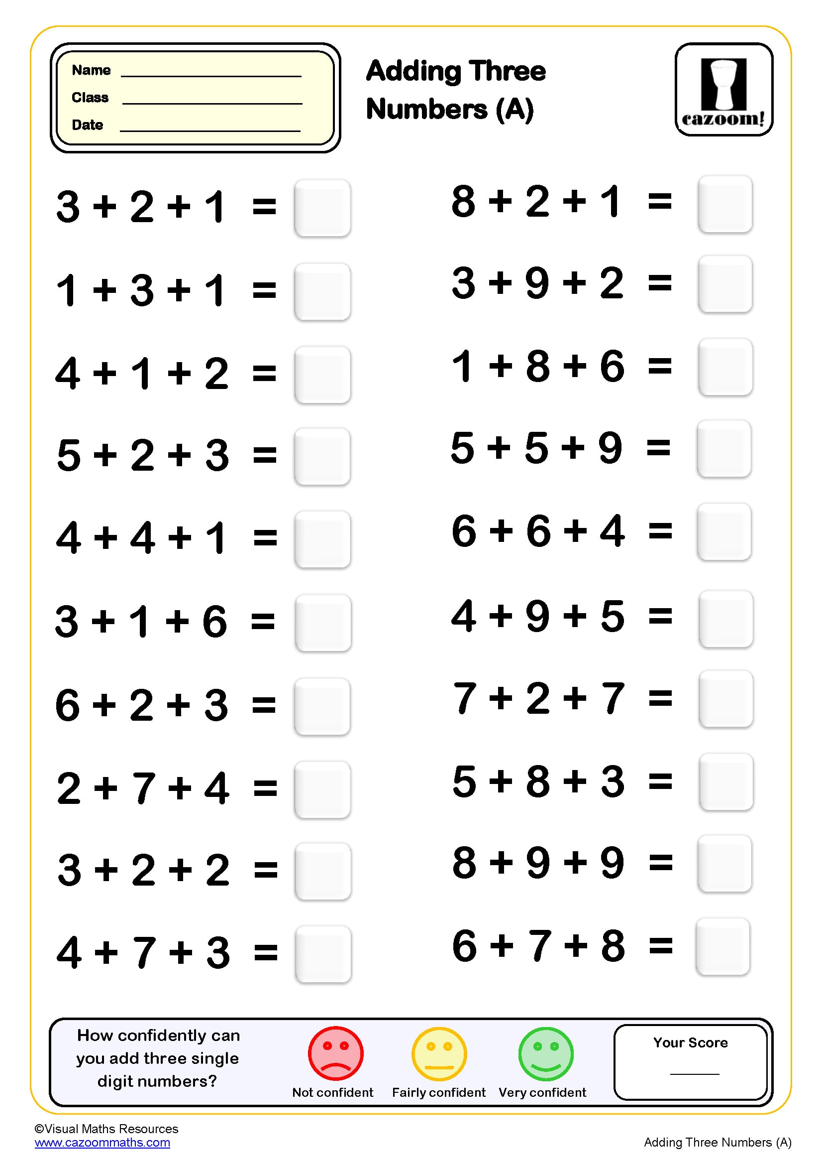 Preview of Addition Drills with three numbers (A)