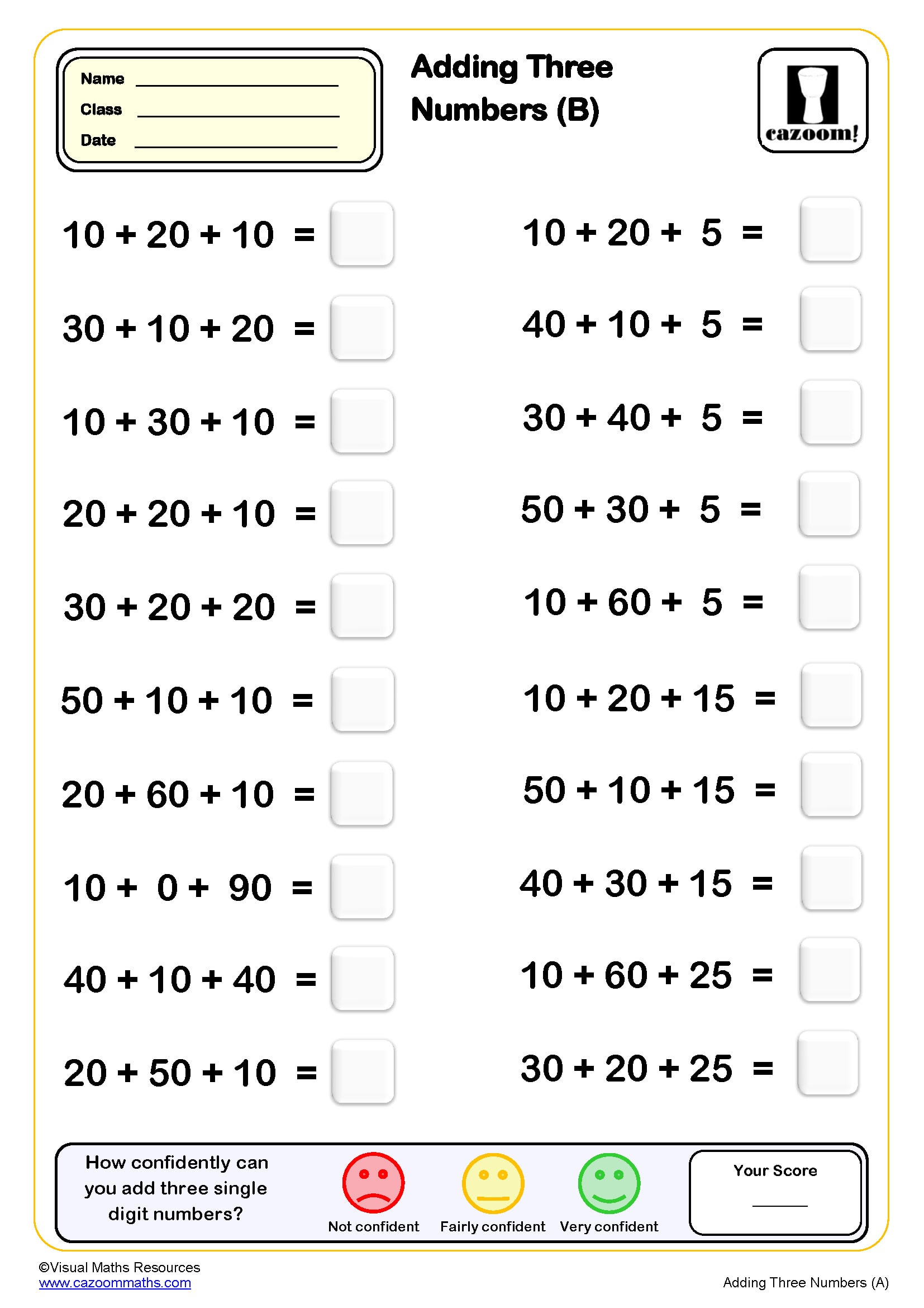 Preview of Addition Drills with three numbers (B)